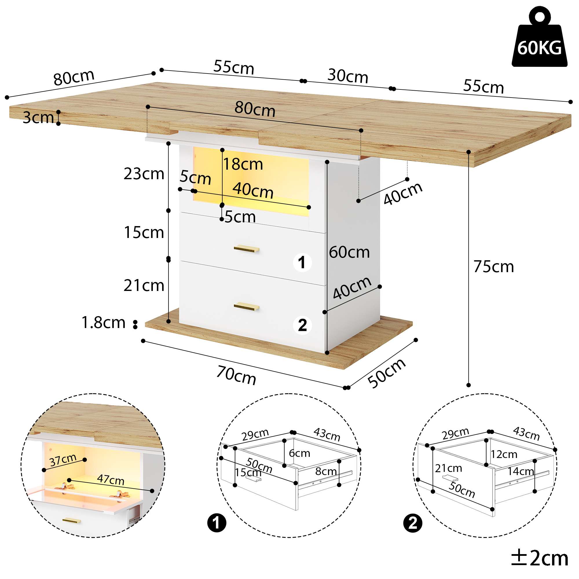 Table à manger extensible avec éclairage LED et contrôle par application, table extensible 110-140 cm avec espace de rangement, aspect bois MDF, pour cuisine et salle à manger, table de salle à manger