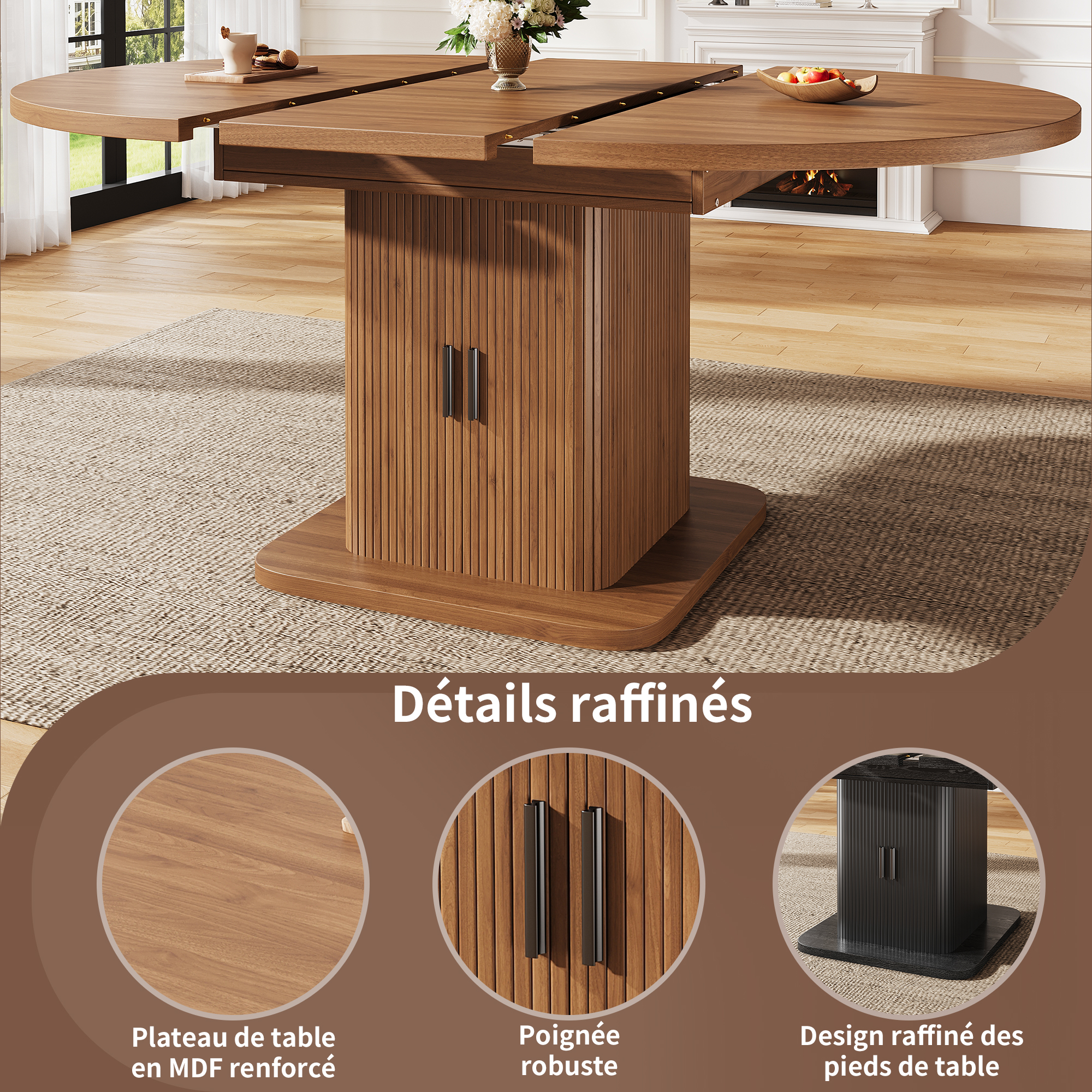 Table à manger ovale extensible 110–150 × 110 × 75 cm avec rangement à portes coulissantes - vue 5
