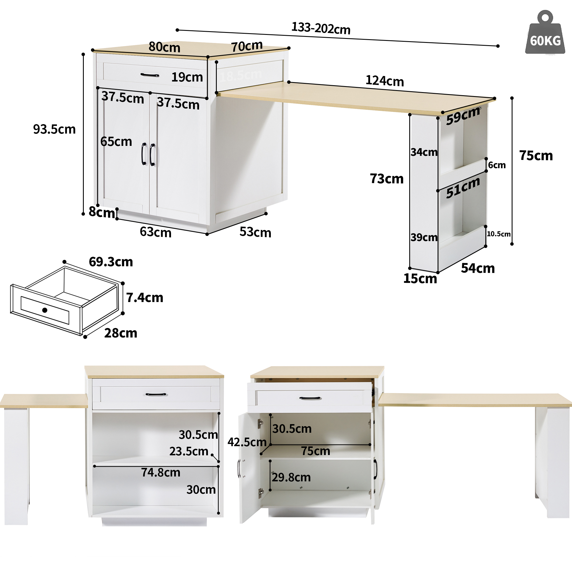 Îlot de cuisine, extensible, rangement intégré, avec tiroirs, 133 x 70 x 93,5 cm, MDF, blanc - vue 3