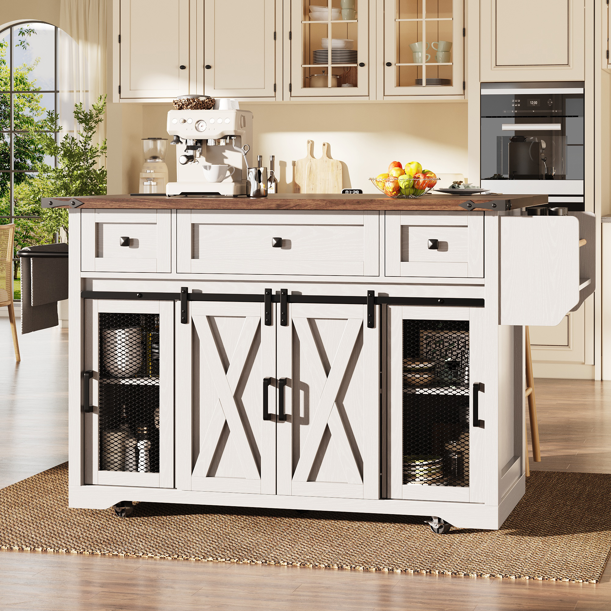 Chariot îlot de cuisine avec plan de travail extensible et prise électrique, hauteur de travail 91 cm, blanc/noir, capacité de charge jusqu'à 75 kg, desserte de cuisine, chariot de service