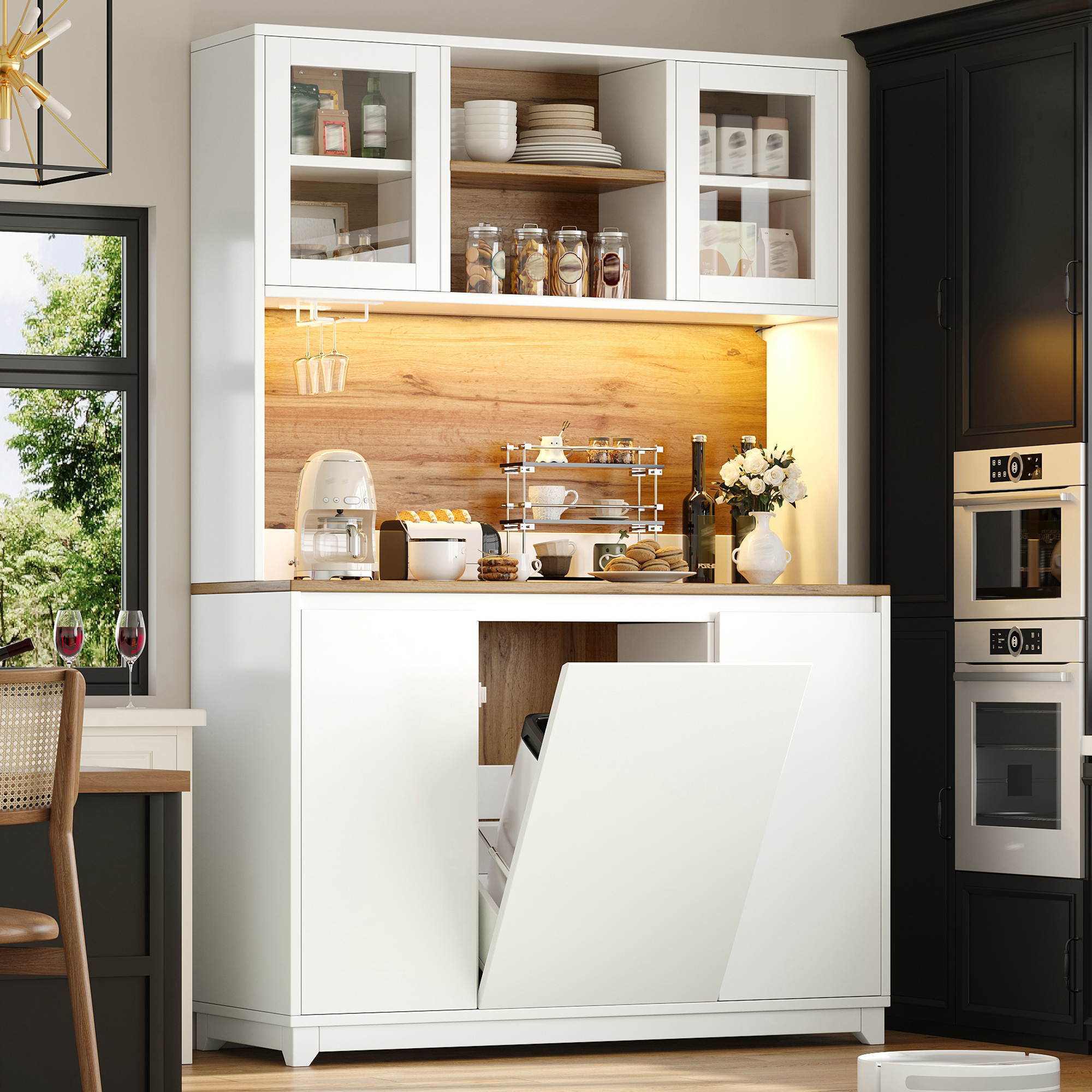 Armoires de cuisine (120 × 40 × 180 cm), tables d'appoint hautes de cuisine, buffets, armoires de cuisine avec portes en acrylique et éclairage LED, blanc, table à manger extensible