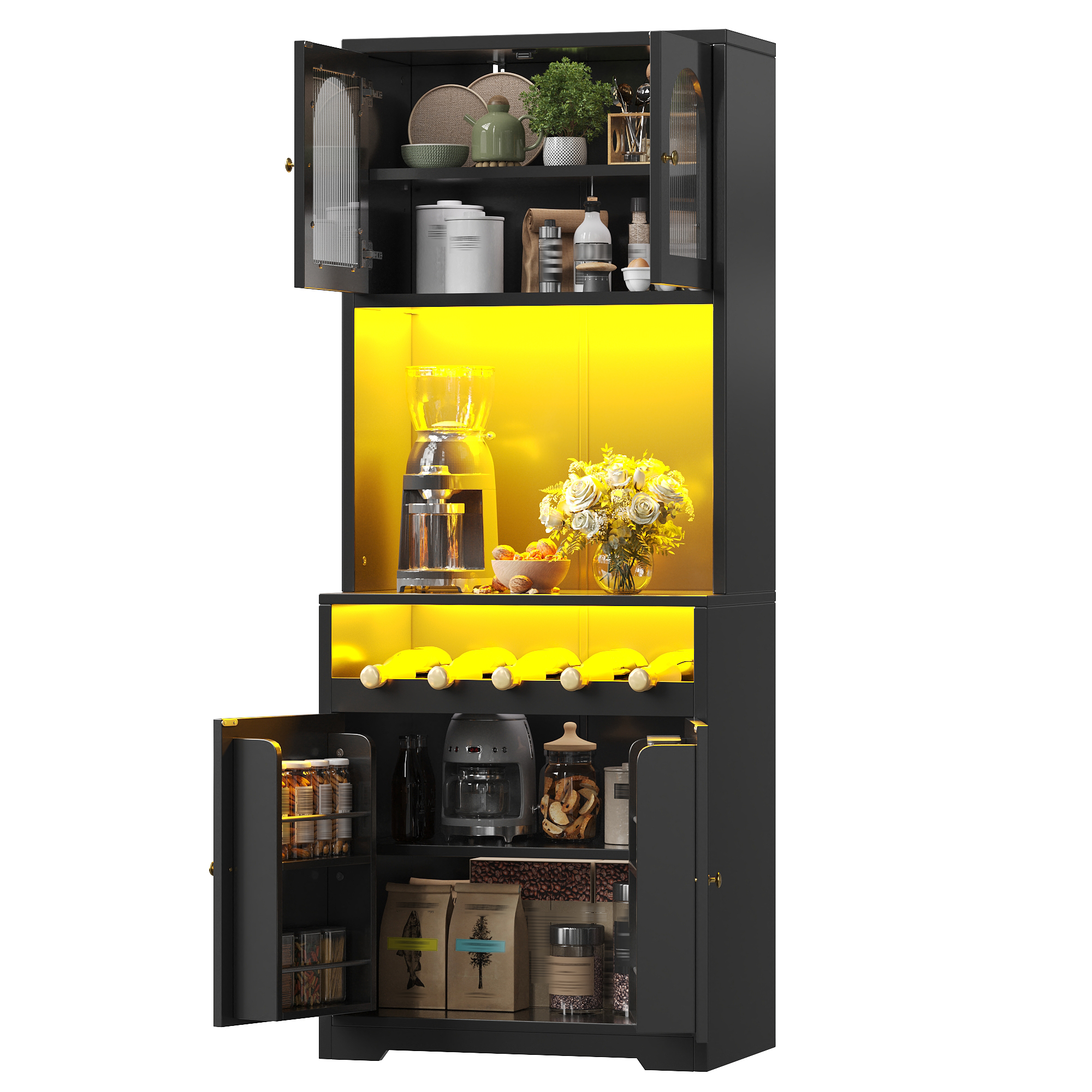 Buffet haut 180 cm noir avec App-RGB-LED, portes en verre courbées, casier à vin et dispositif anti-basculement, étagères réglables, buffet de cuisine, meuble de rangement, cuisine et salle à manger
