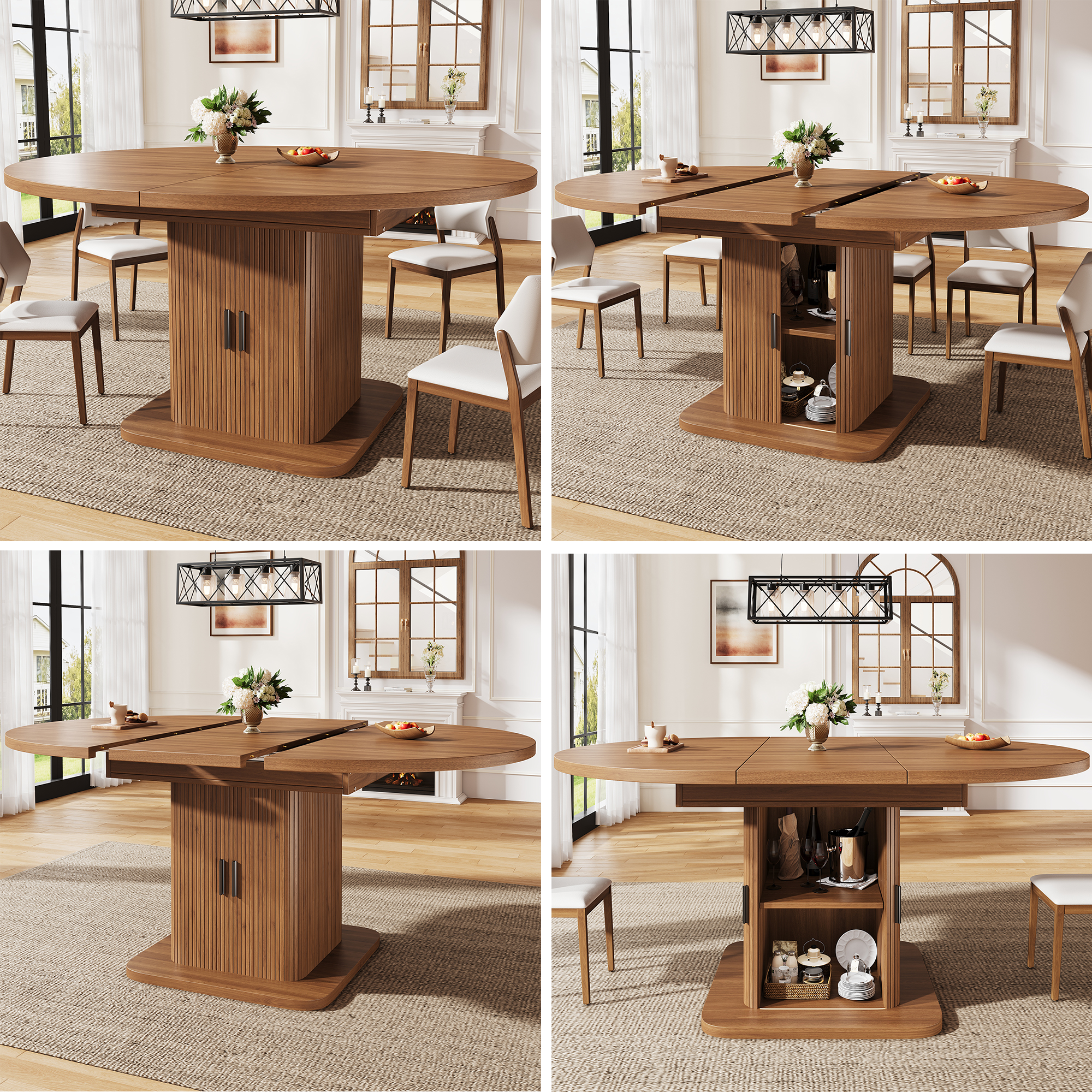 Table à manger extensible 110–149,8 cm x 110 x 75 cm, avec rangement intégré, MDF, Effet bois naturel - vue principale