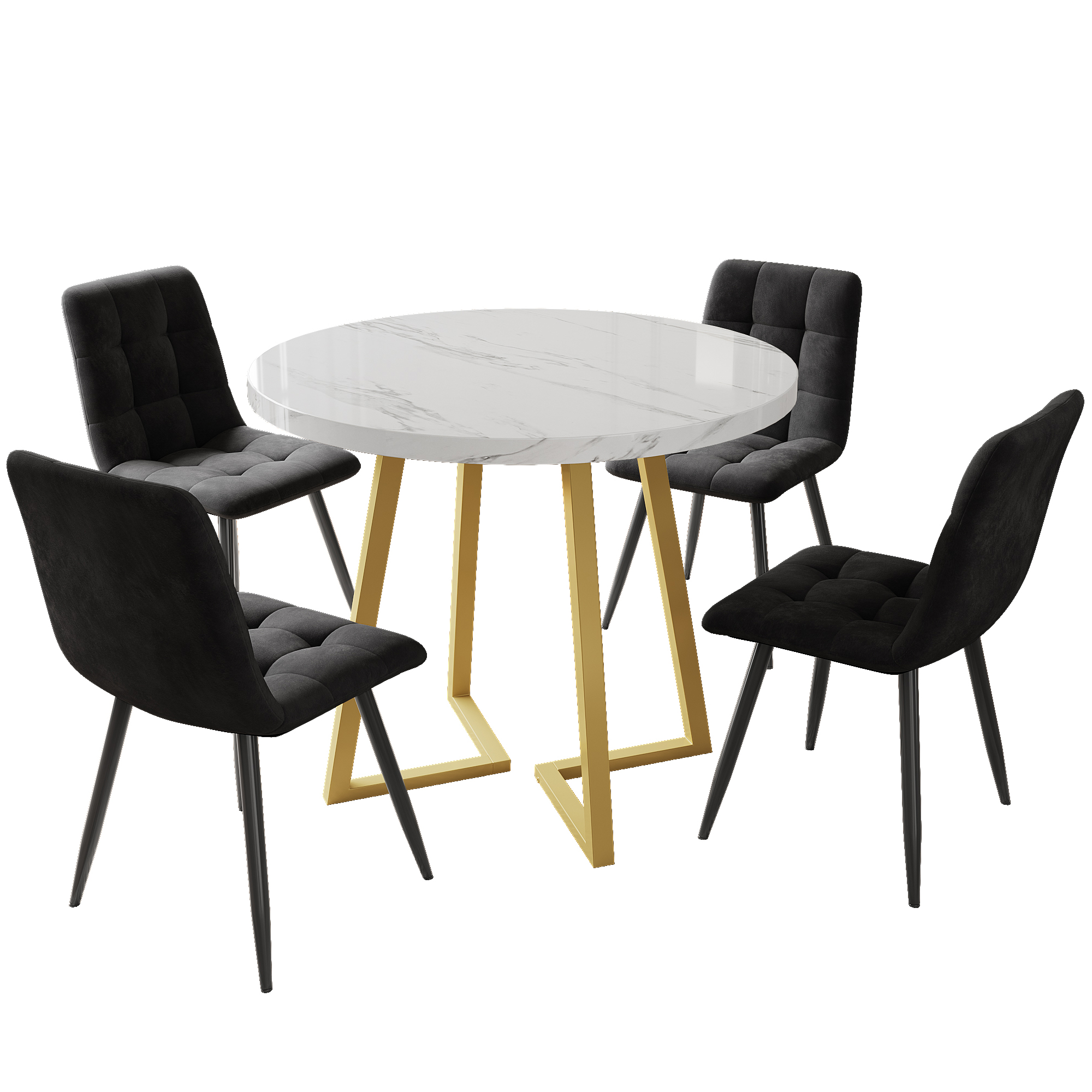 Ensemble table et chaises, 5 pièces, 1 table + 4 chaises, métal et velours, noir - vue 2