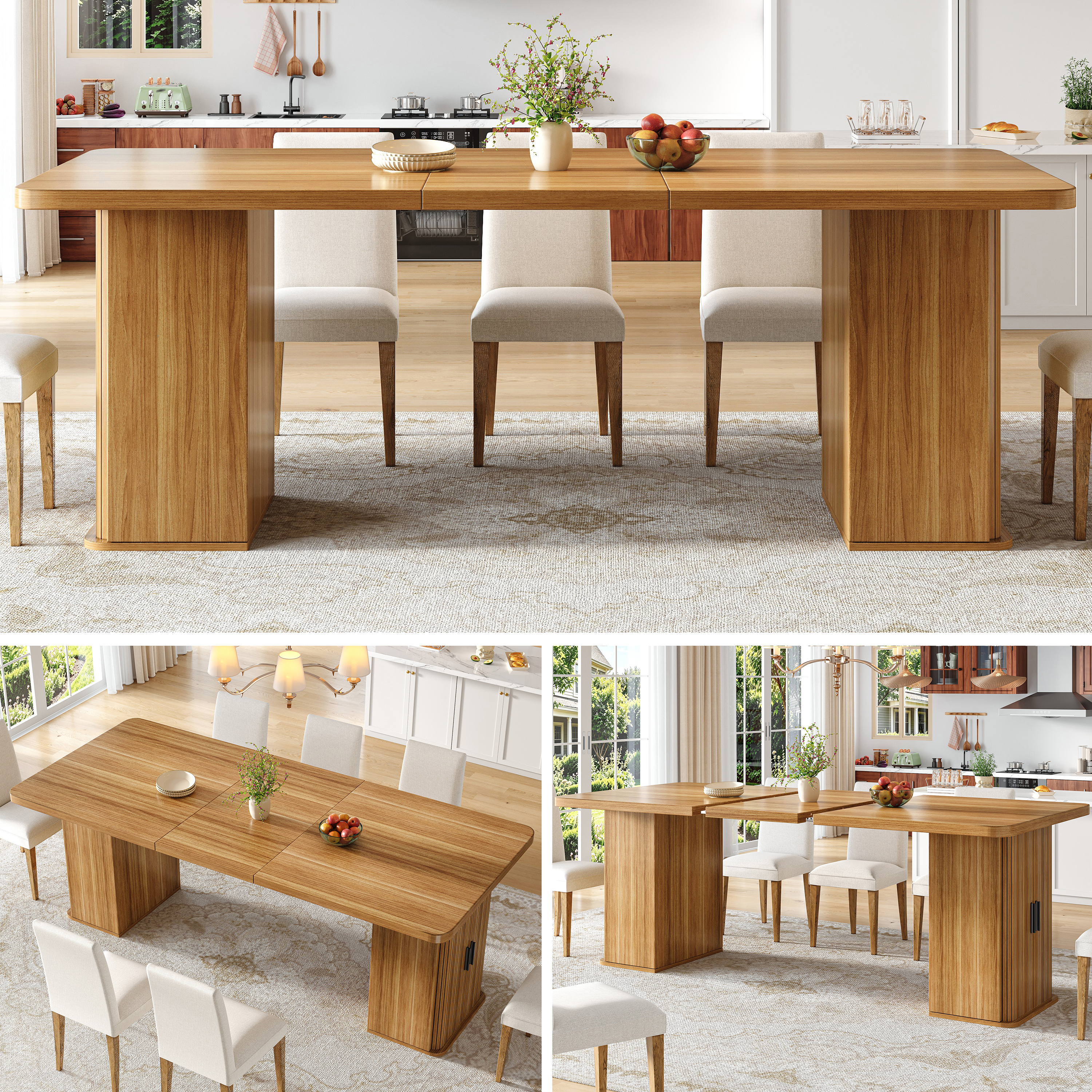 Plusieurs vues de la table extensible brune