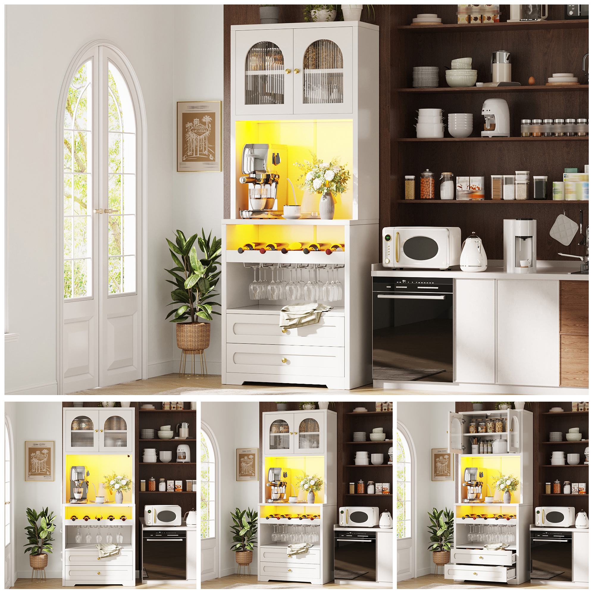 Meuble haut avec portes en verre courbées, éclairage LED via application & synchronisation musicale, étagères réglables, casier à vin, port USB, anti-basculement, pour salon & salle à manger Blanc