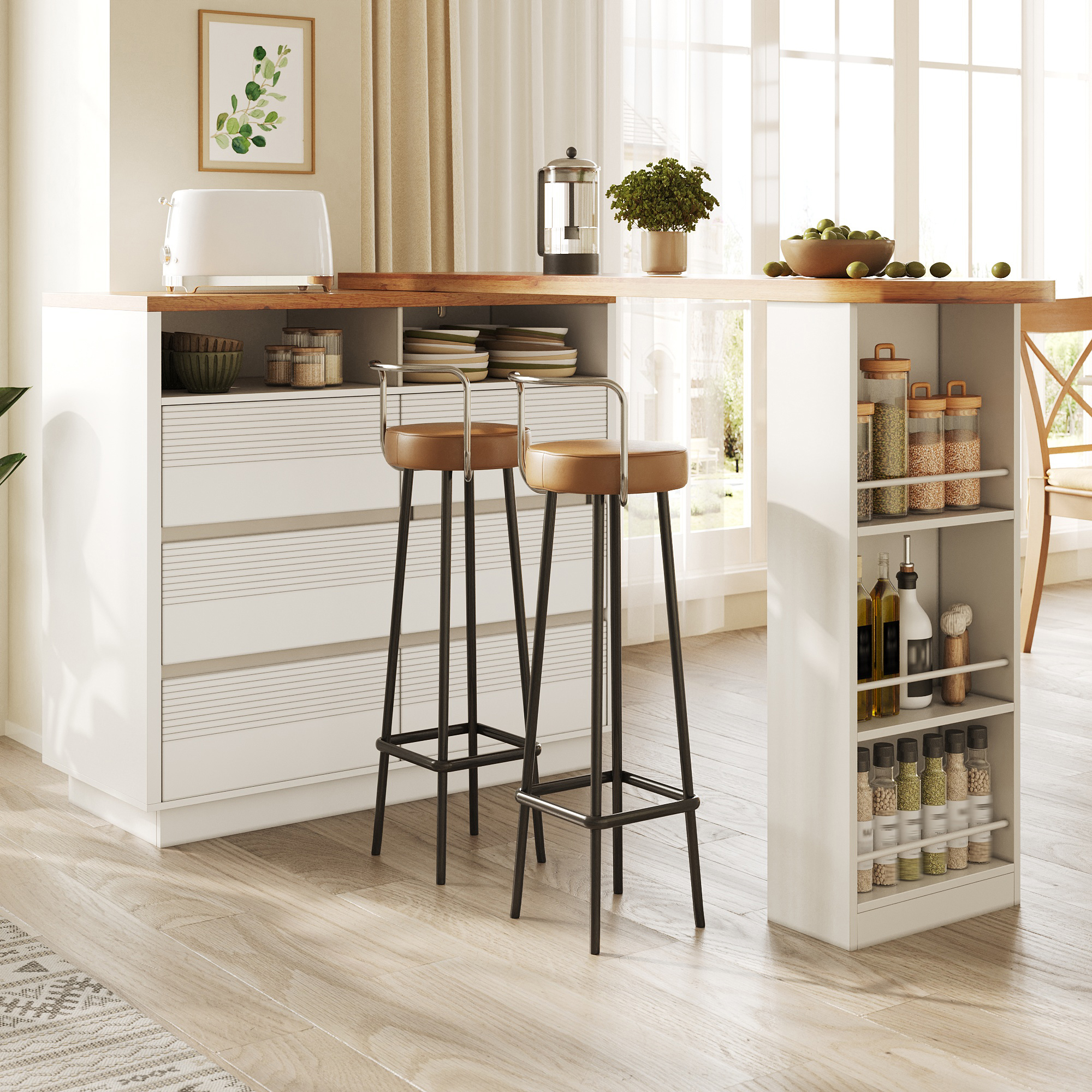 Table de bar extensible avec espace de rangement (137-215 × 39 × 102, 3 cm), table de bar mobile moderne, table de bar télescopique avec six tiroirs, table de bar table de bistro table haute îlot