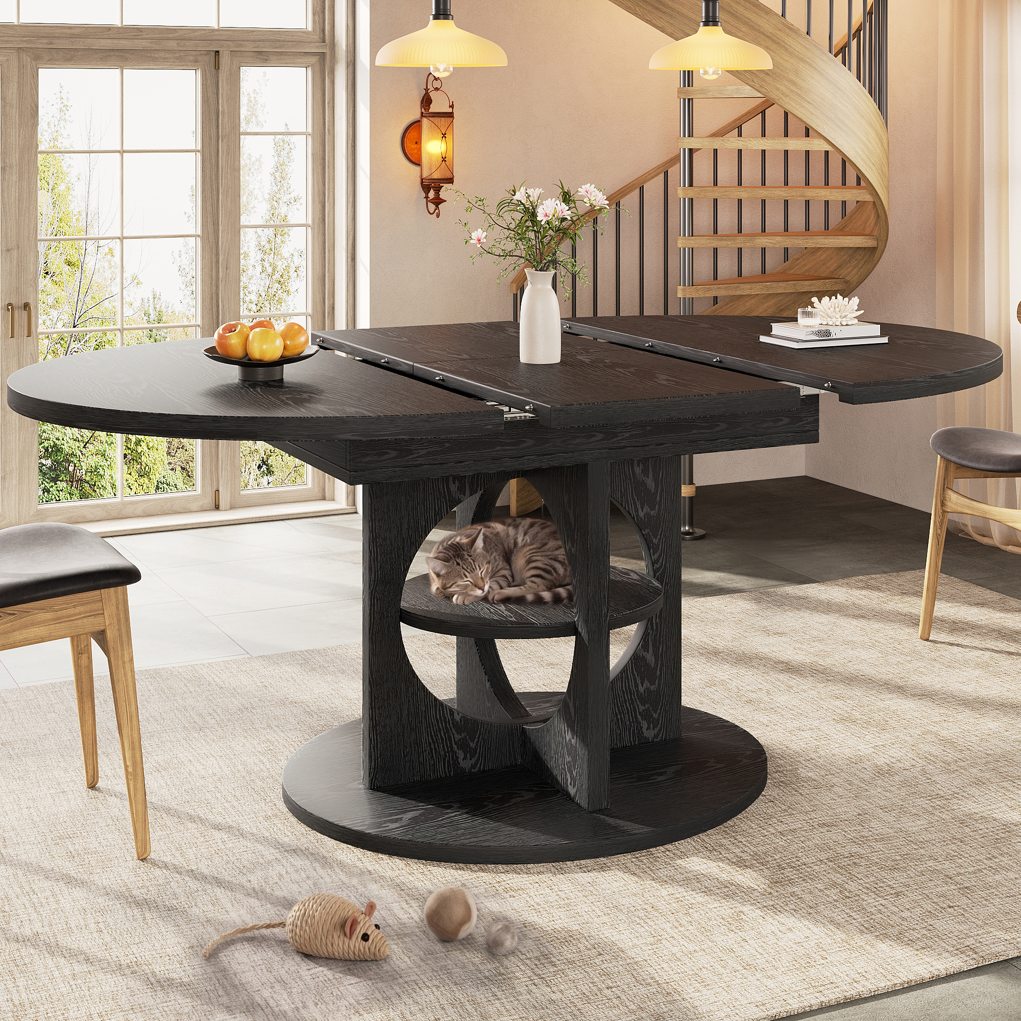 Table à manger extensible avec espace de rangement, 110-150 cm, aspect bois noir, capacité de charge jusqu'à 60 kg, ronde à ovale, table à manger extensible, table de salle à manger