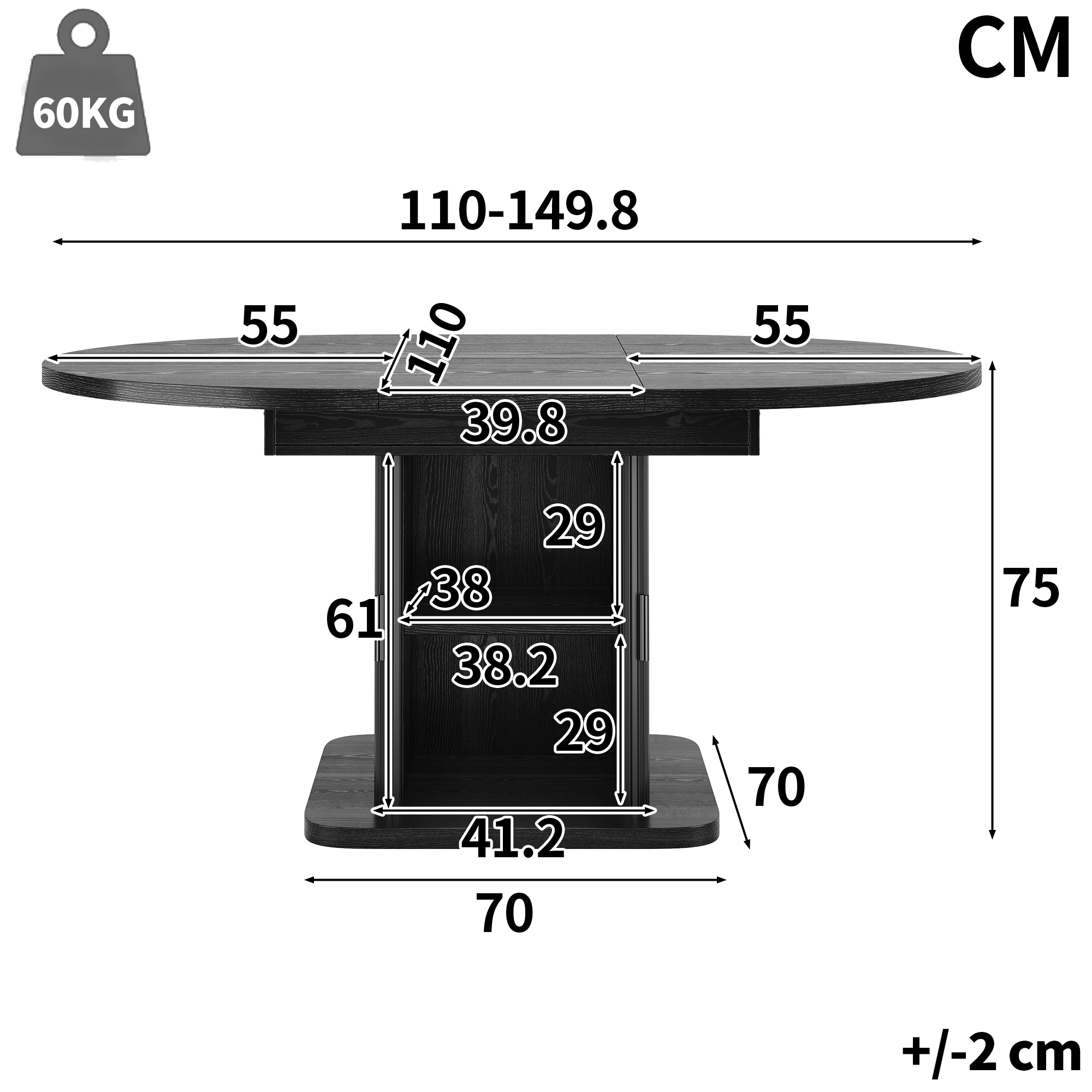 Table à manger ovale extensible 110–150 × 110 × 75 cm avec rangement à portes coulissantes - vue 4
