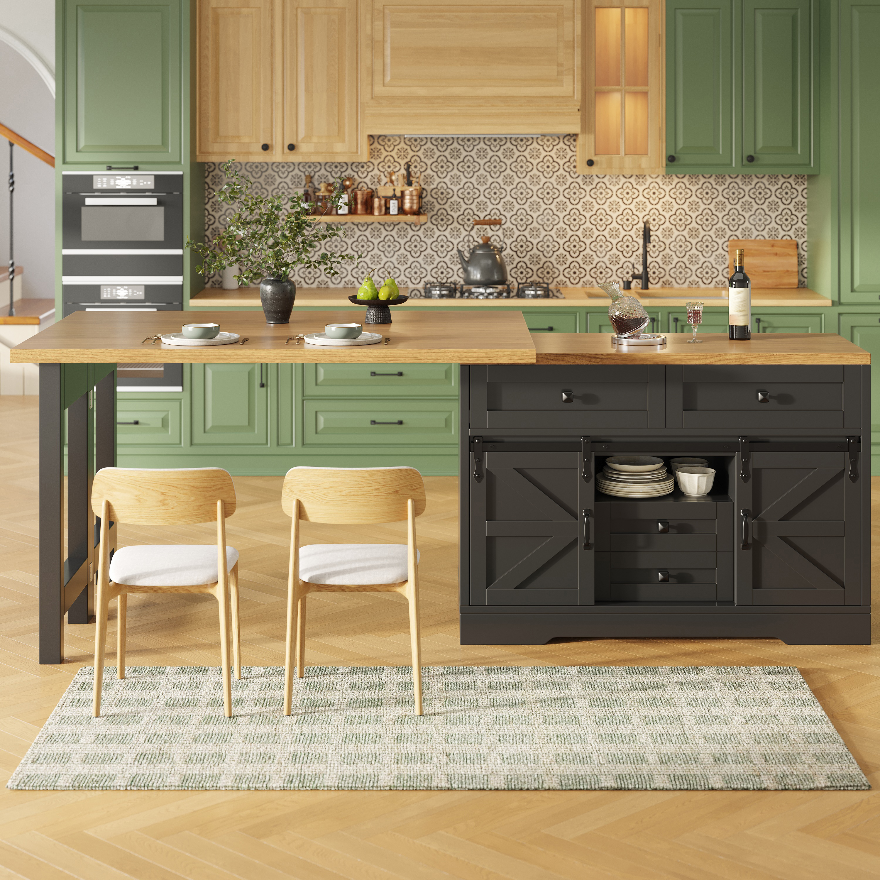 Îlot de cuisine multifonctionnel avec table à manger, armoire latérale avec tiroirs cachés, panneaux rotatifs à 360°, porte d'armoire de grange, table de salle à manger 2 en 1 pour îlot de cuisine