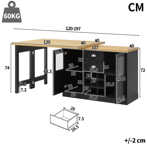 Dimensions de la table extensible pivotante avec rangements