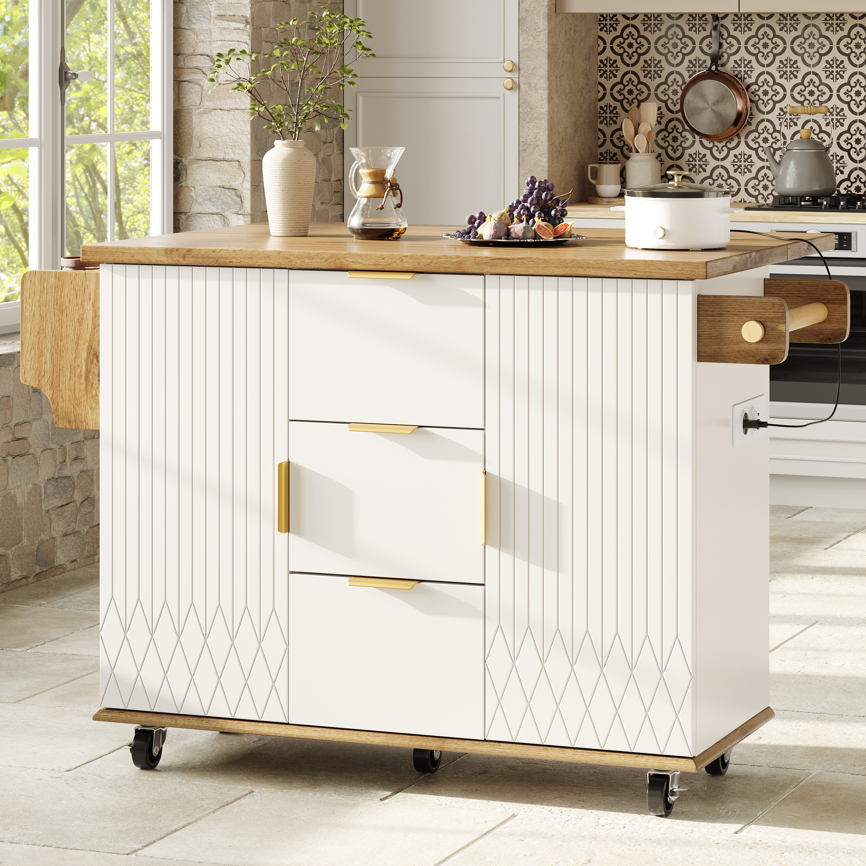Ensemble chariot de cuisine avec tabourets de bar, îlot de cuisine mobile avec prise électrique et tabourets de bar ergonomiques, aspect bois blanc, desserte de cuisine, chariot de service