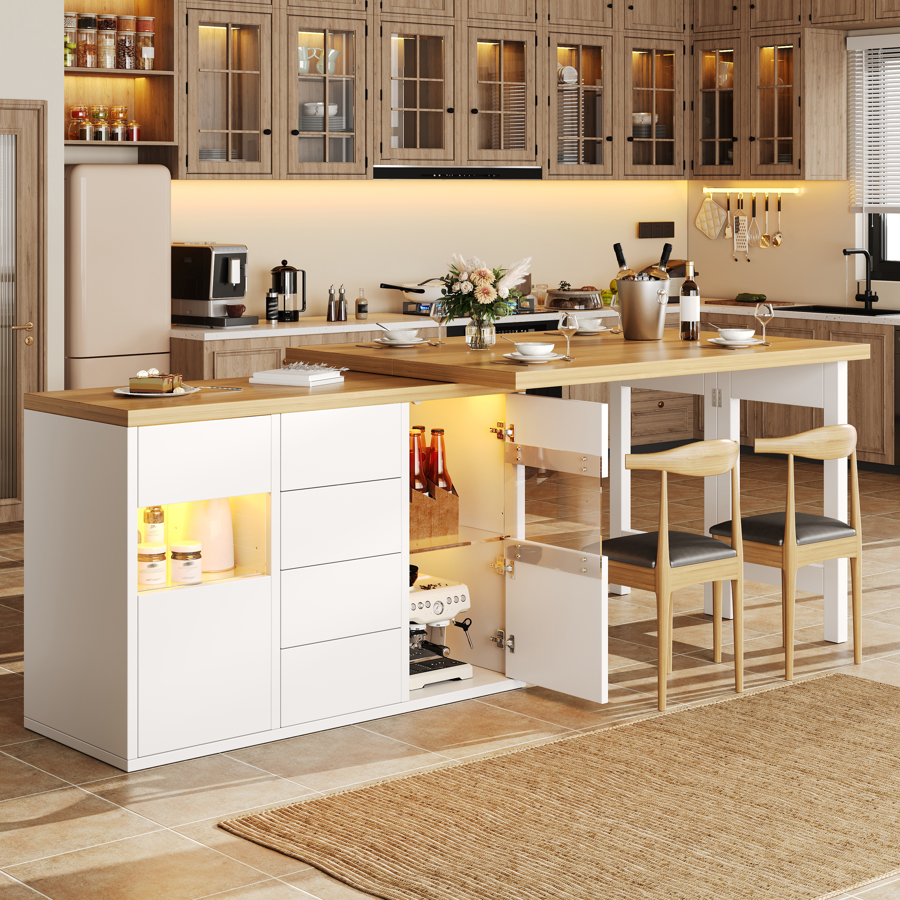 Îlot de cuisine rotatif à 360° avec LED RVB contrôlées par application 120-197 cm, portes en verre, 4 grands tiroirs et étagères réglables, blanc/noir, îlot de cuisine, meuble de rangement