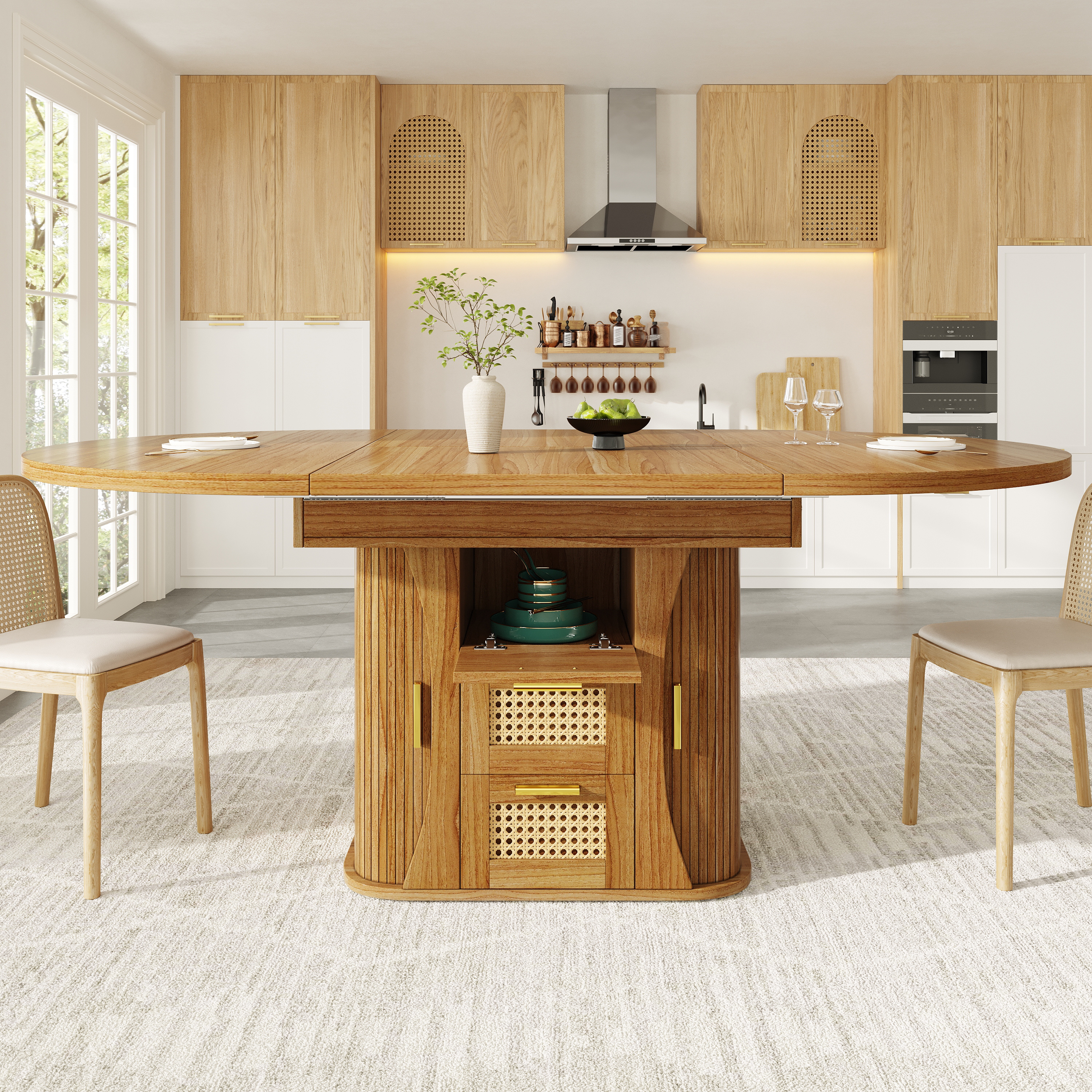 Table à manger extensible avec rangement, table 118-158 cm avec tiroirs en rotin, aspect bois MDF, noir/bois naturel/marron, table à manger extensible, table de salle à manger, mobilier de cuisine