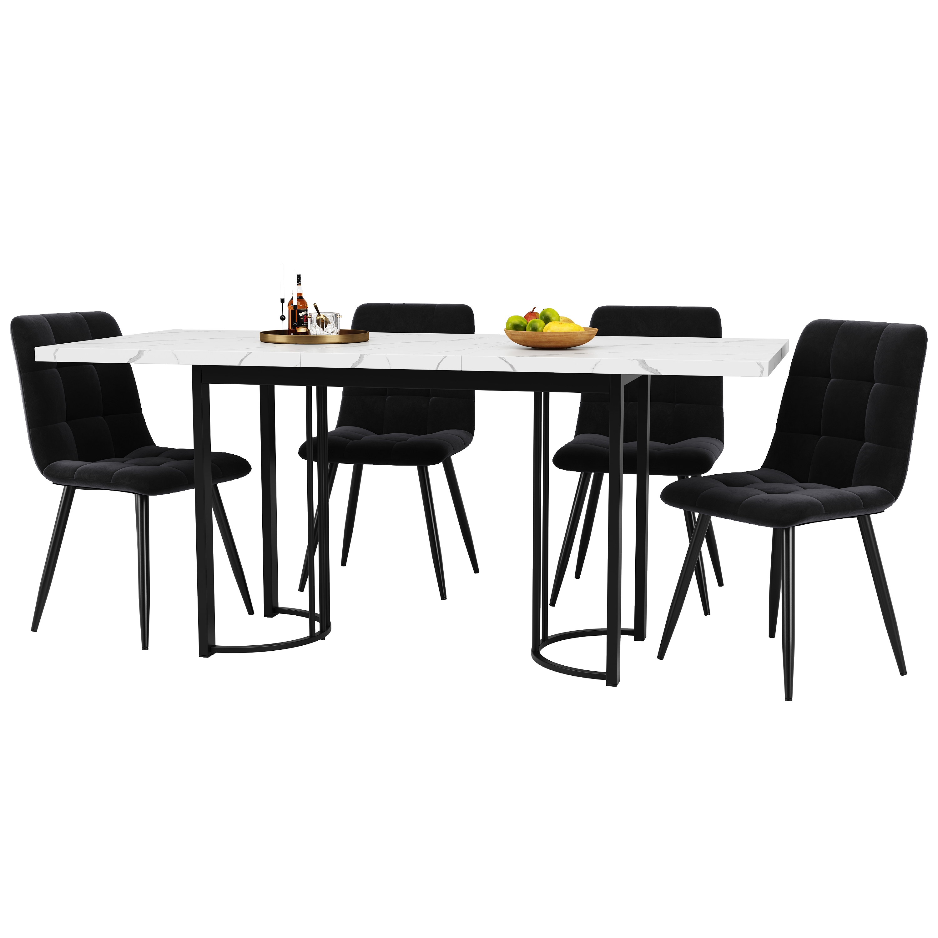 Ensemble table et chaises, 5 pièces, 1 table + 4 chaises, extensible, métal et velours, noir - vue 1