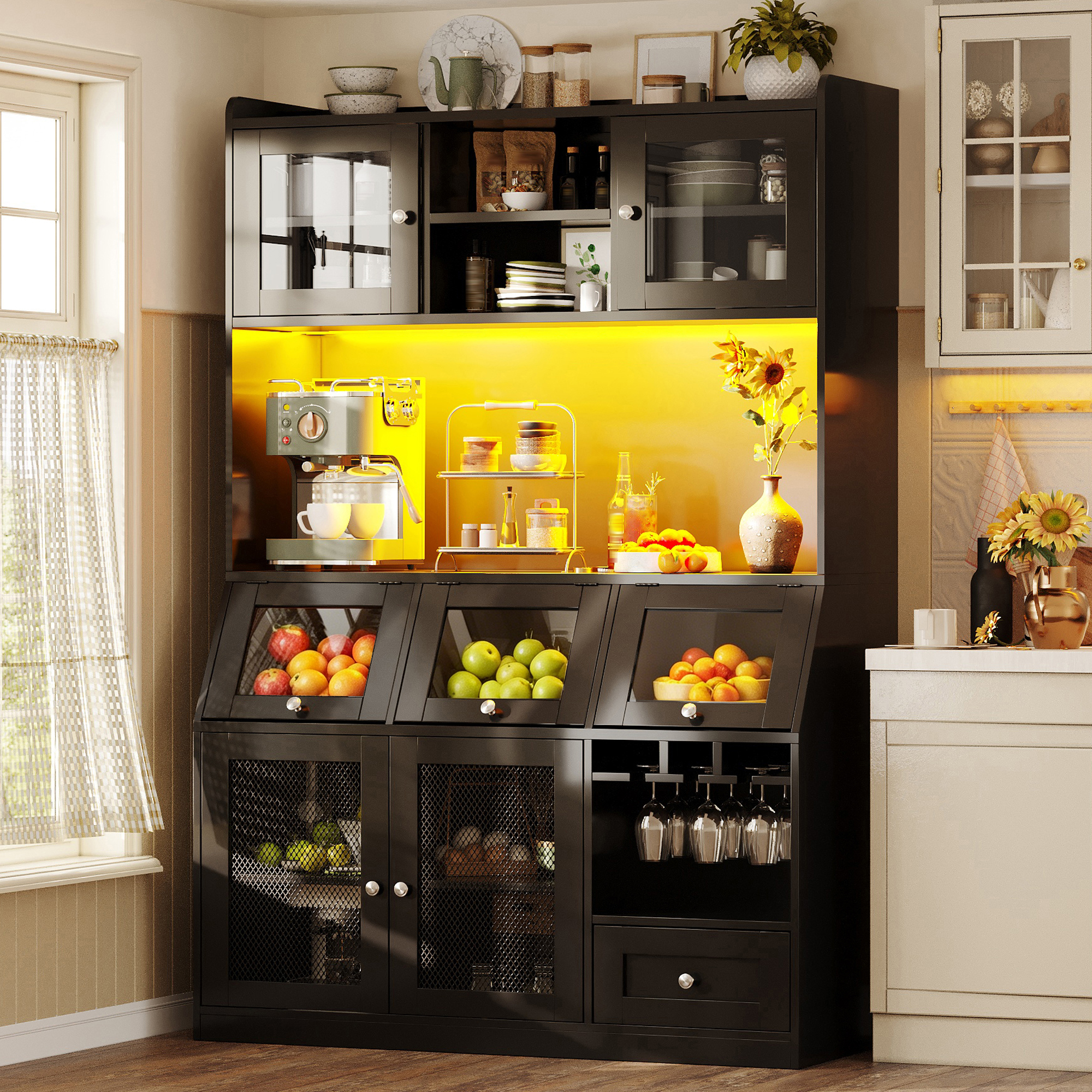 Armoires de cuisine (120 x 40 x 181, 7 cm), armoire haute avec port USB, espace de rangement multifonctionnel avec plan de travail généreux pour cuisine, salle à manger, buffets avec portes vitrées