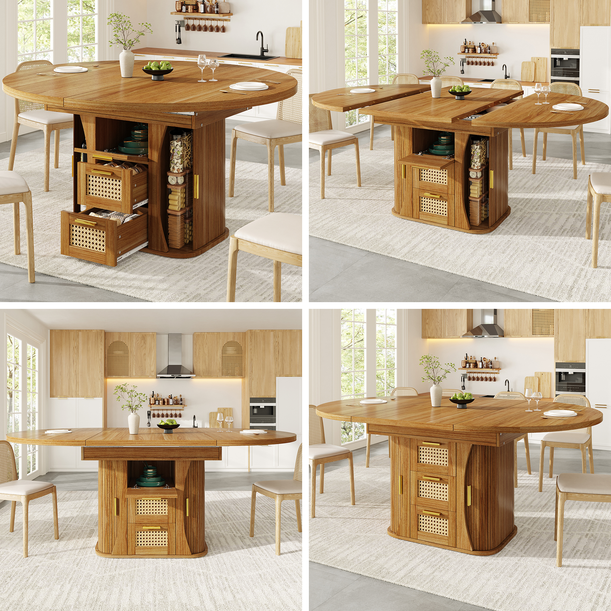 Table à manger extensible effet chêne tiroirs rotin