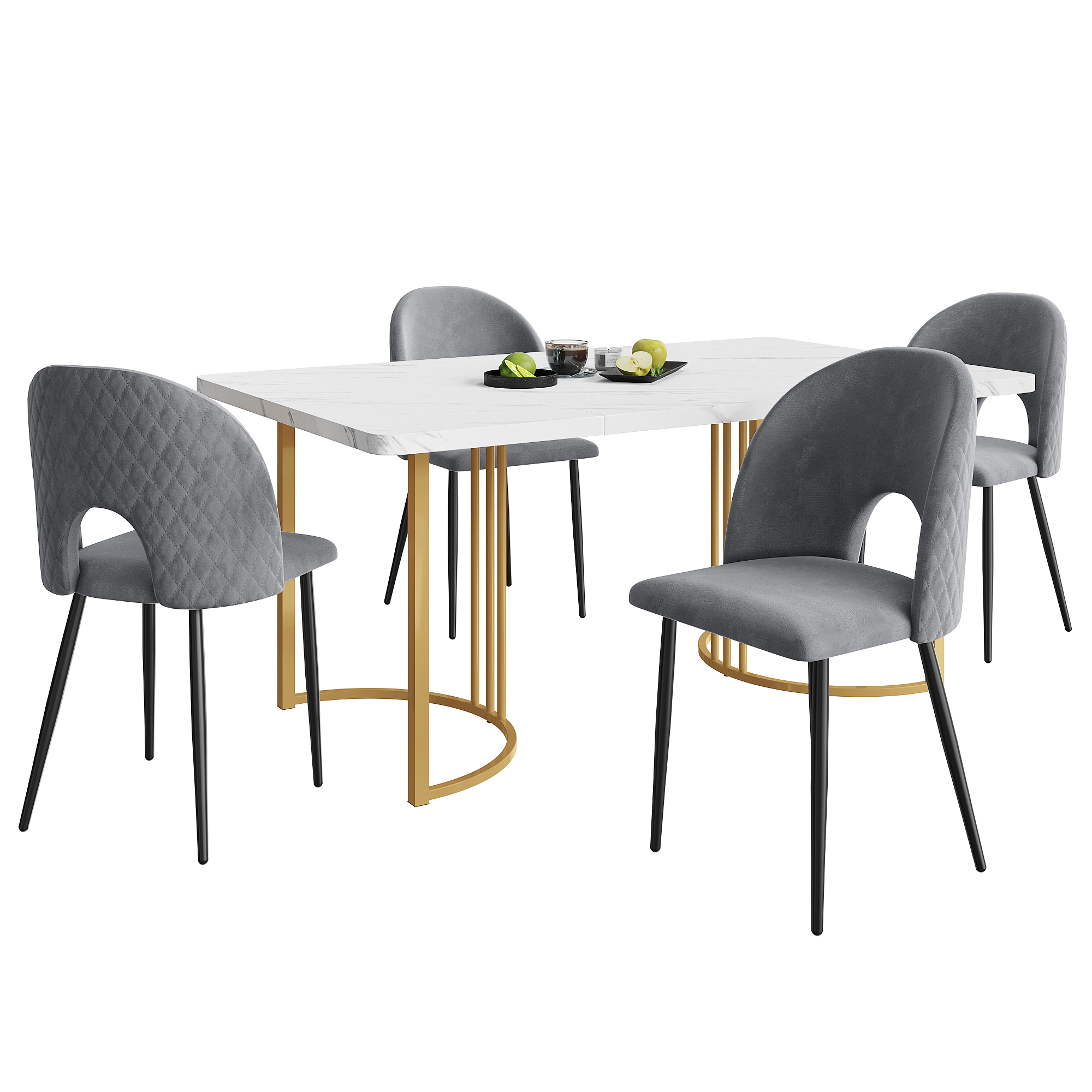 Ensemble table et chaises, 5 pièces, 1 table + 4 chaises, velours et MDF, blanc - vue 3