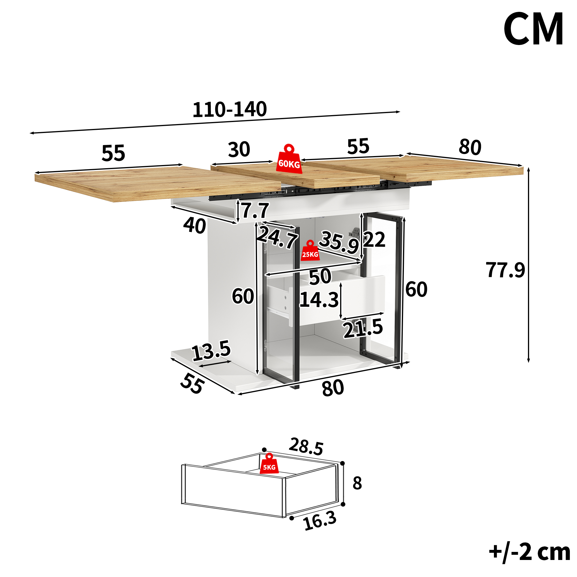 Table à manger extensible avec espace de rangement et éclairage LED RGB, 110-140 cm, portes coulissantes en verre et poignées cachées, blanc/noir, table à manger extensible, table de salle à manger