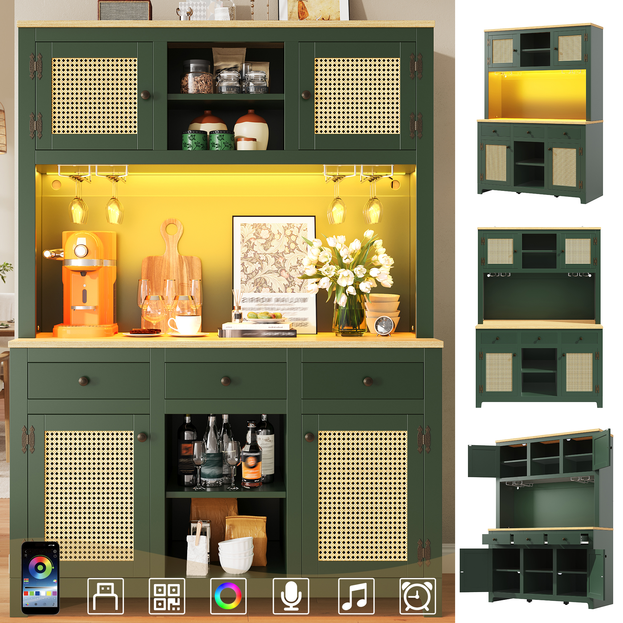 LED Hochschrank mit Lichtsystem, PE Rattan Schrank