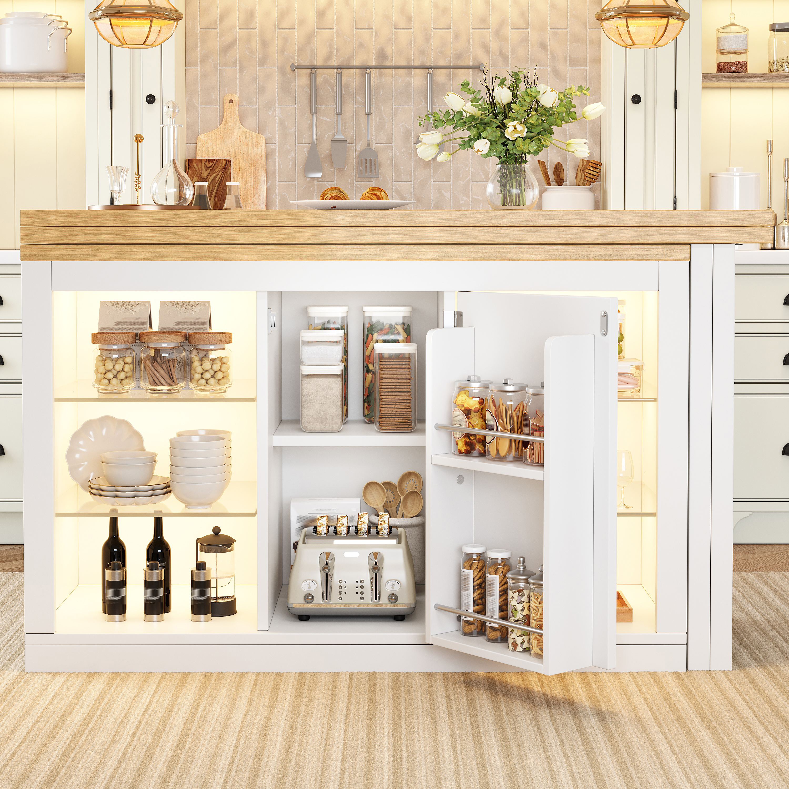 Table à manger extensible avec îlot de cuisine avec LED RVB contrôlable par application, 120-197 cm, rotative à 360°, avec portes magnétiques et étagères en verre, blanc/noir, capacité de charge