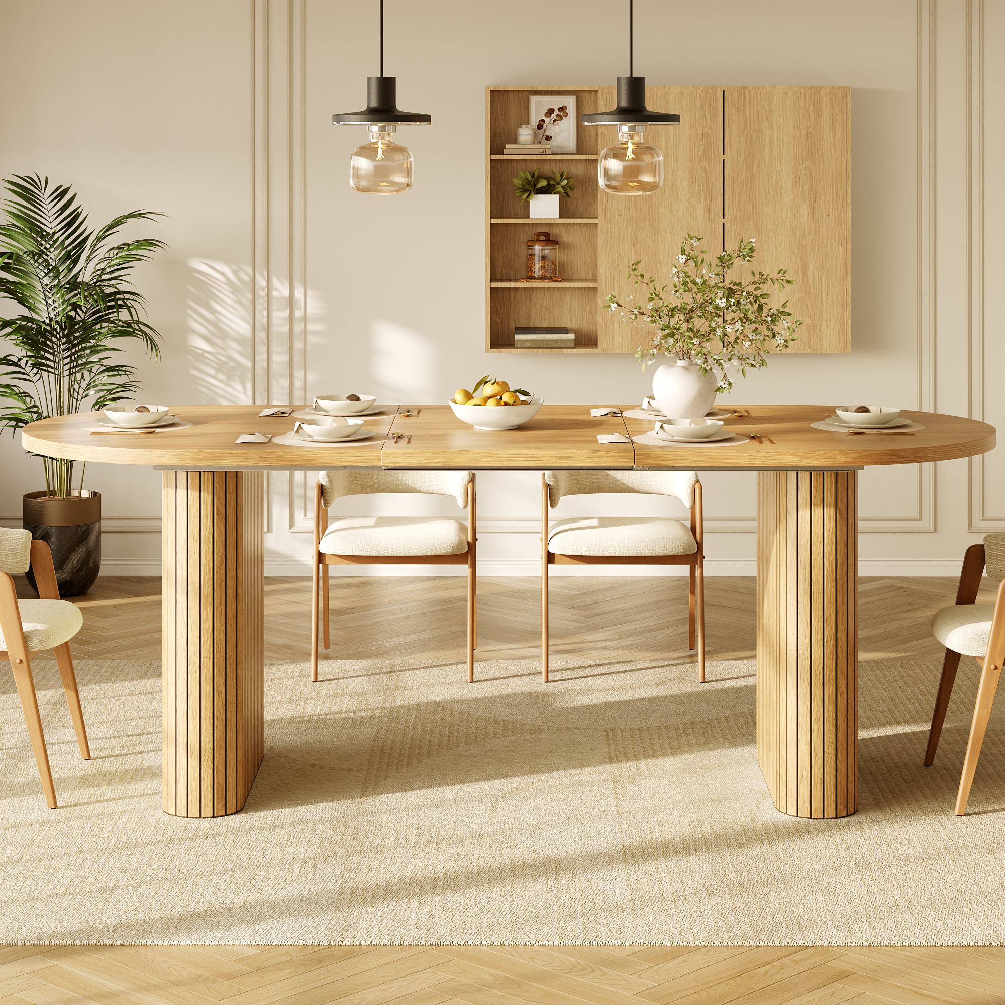 Table à manger extensible ovale 120–160 cm x 80 x 75,5 cm, MDF, métal, Effet bois naturel - vue principale