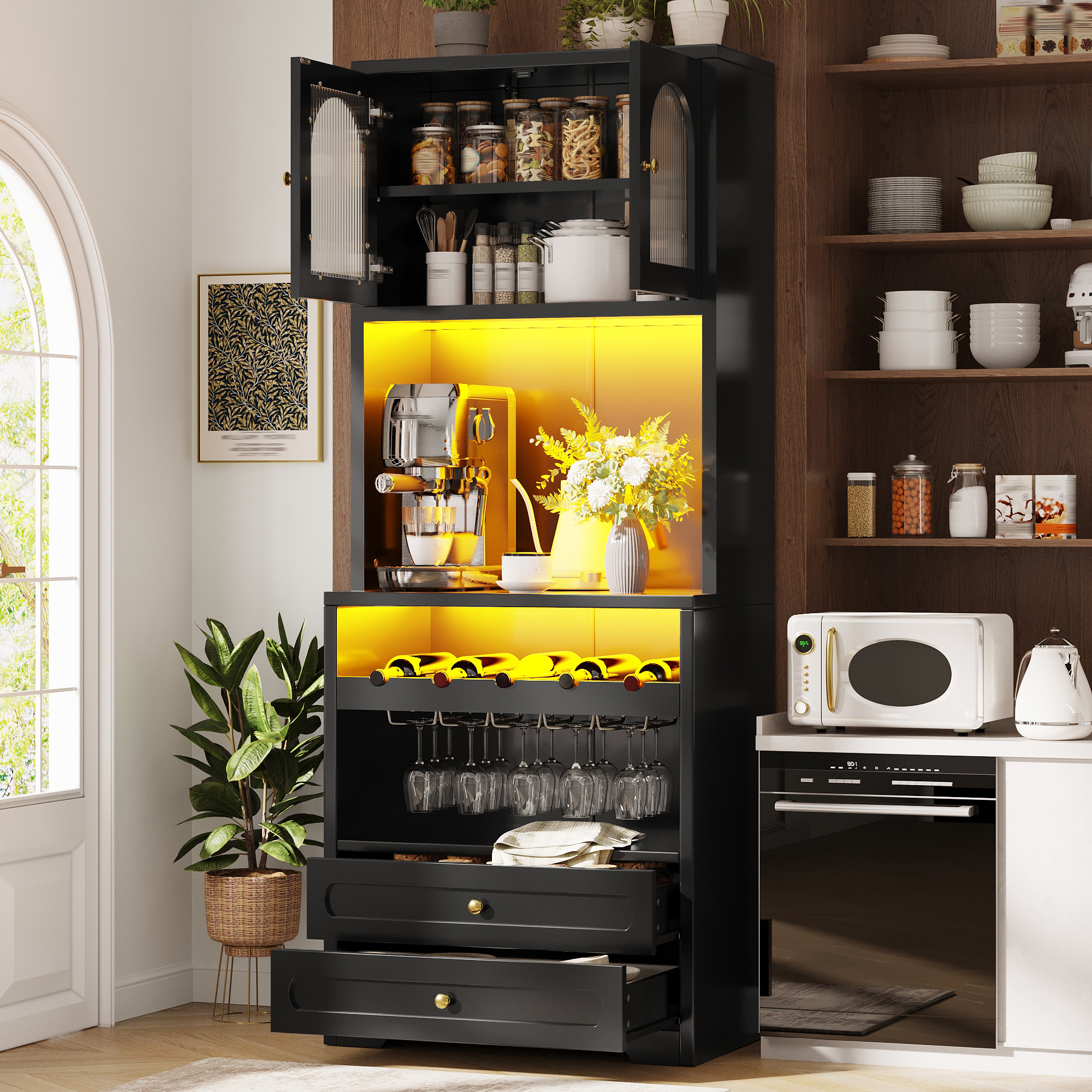 Meuble haut avec portes en verre courbées, éclairage LED via application & synchronisation musicale, étagères réglables, casier à vin, port USB, anti-basculement, pour salon & salle à manger Noir