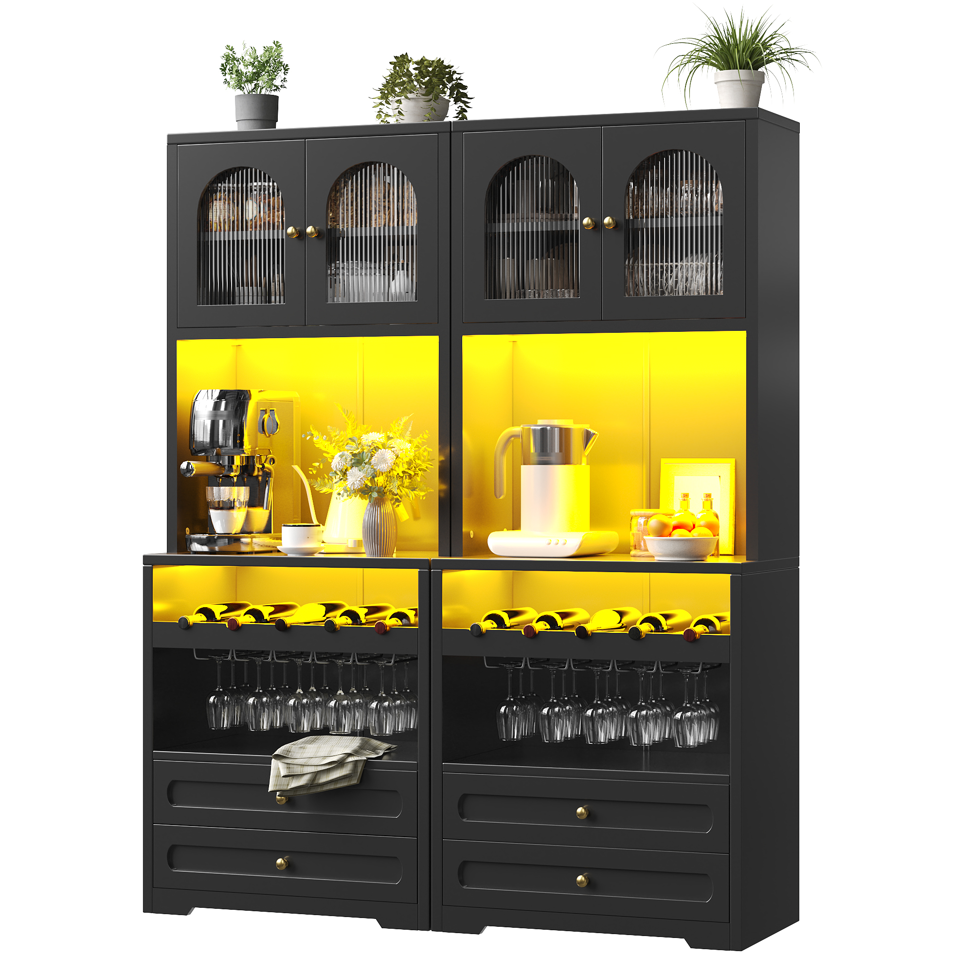 Meuble haut avec portes en verre courbées, éclairage LED via application & synchronisation musicale, étagères réglables, casier à vin, port USB, anti-basculement, pour salon & salle à manger Noir