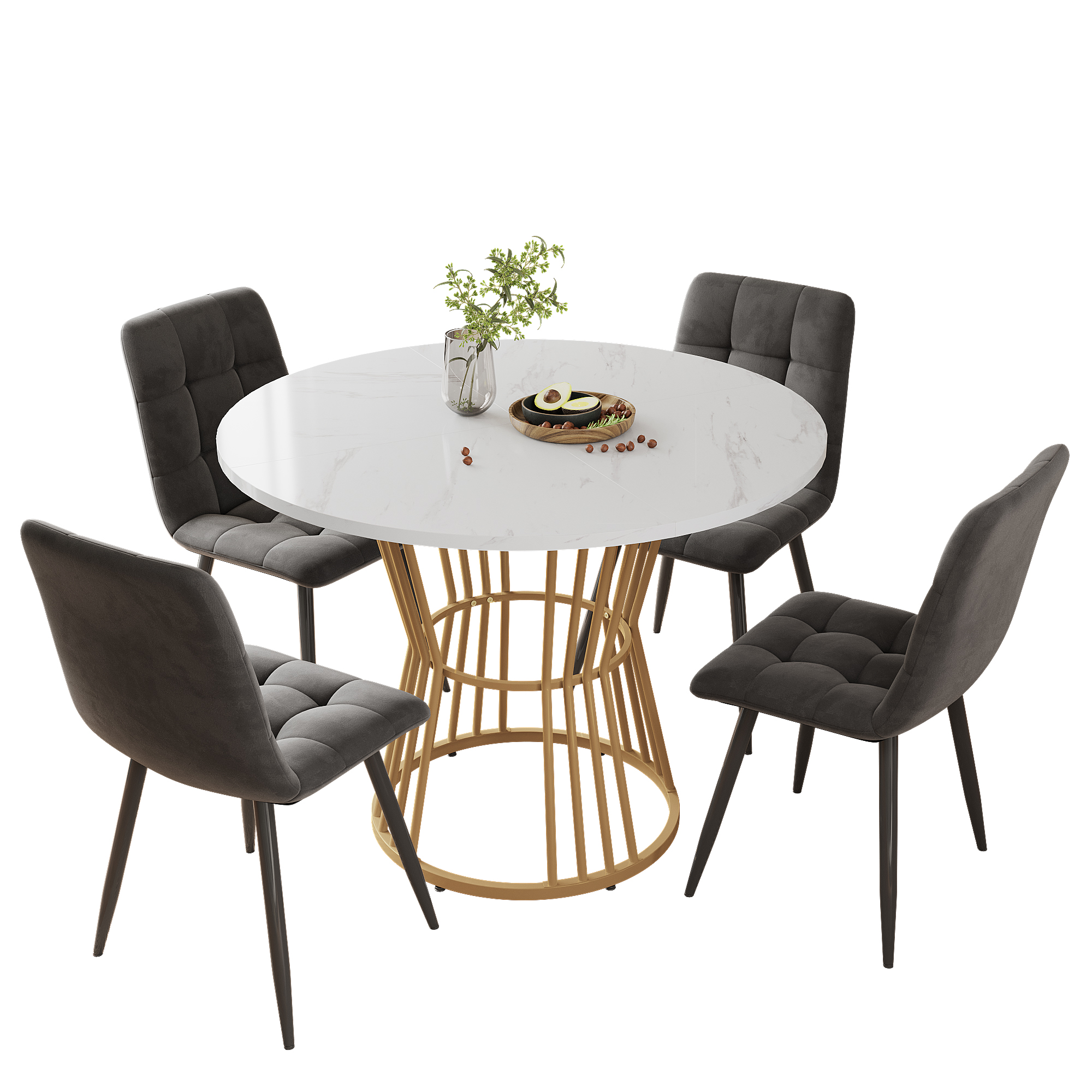 Ensemble table et chaises, 5 pièces, 1 table + 4 chaises, métal et velours, gris foncé - vue 1