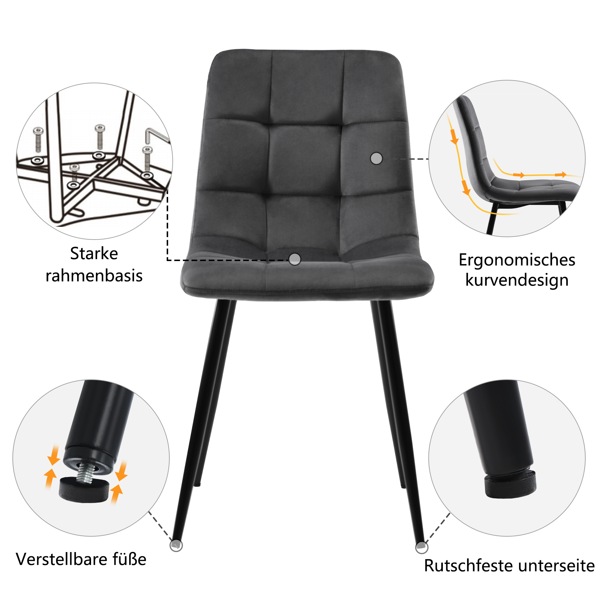 Ensemble table et chaises, 5 pièces, 1 table + 4 chaises, velours et MDF, gris foncé - vue 6