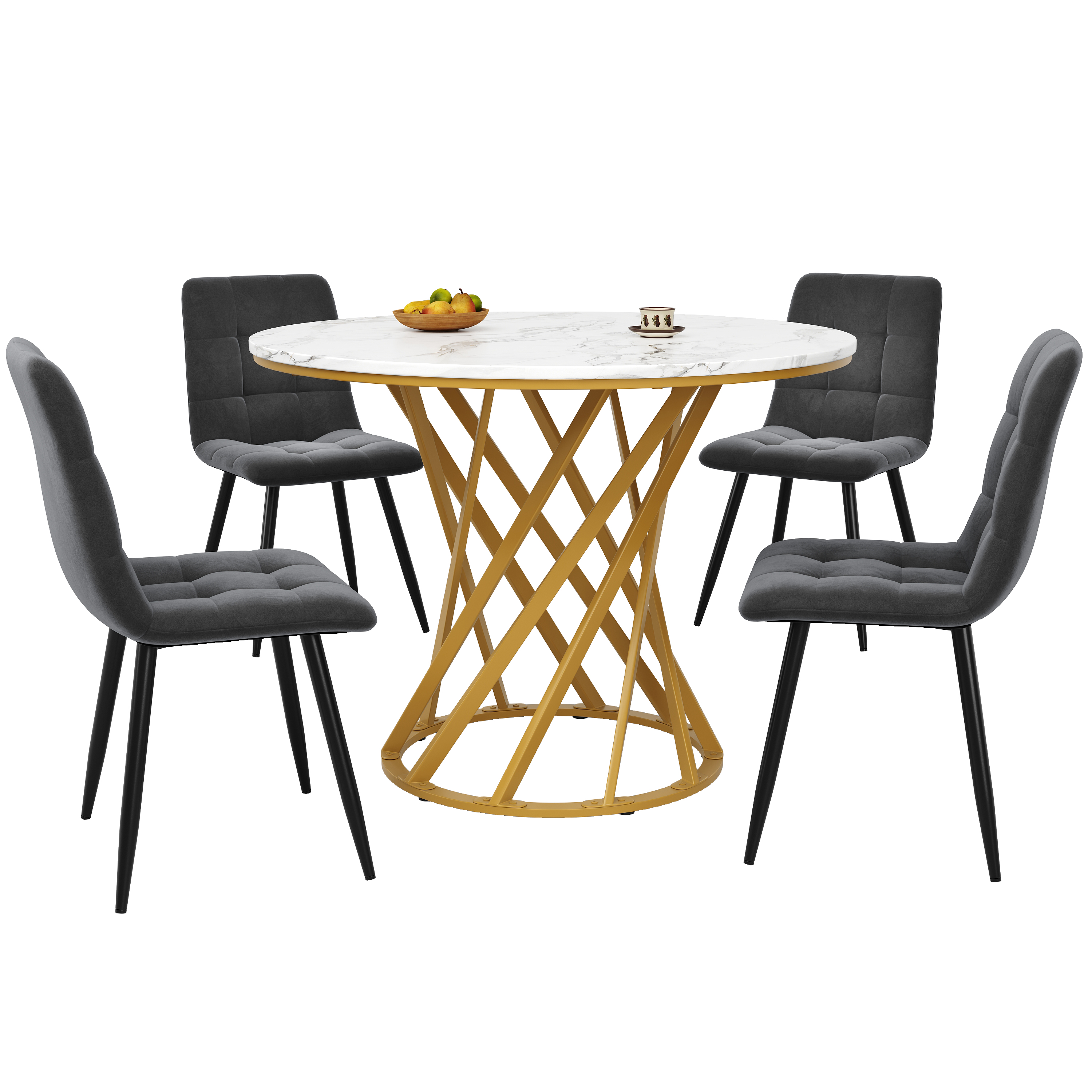 Ensemble table et chaises, 5 pièces, 1 table + 4 chaises, métal et velours, gris foncé - vue 2