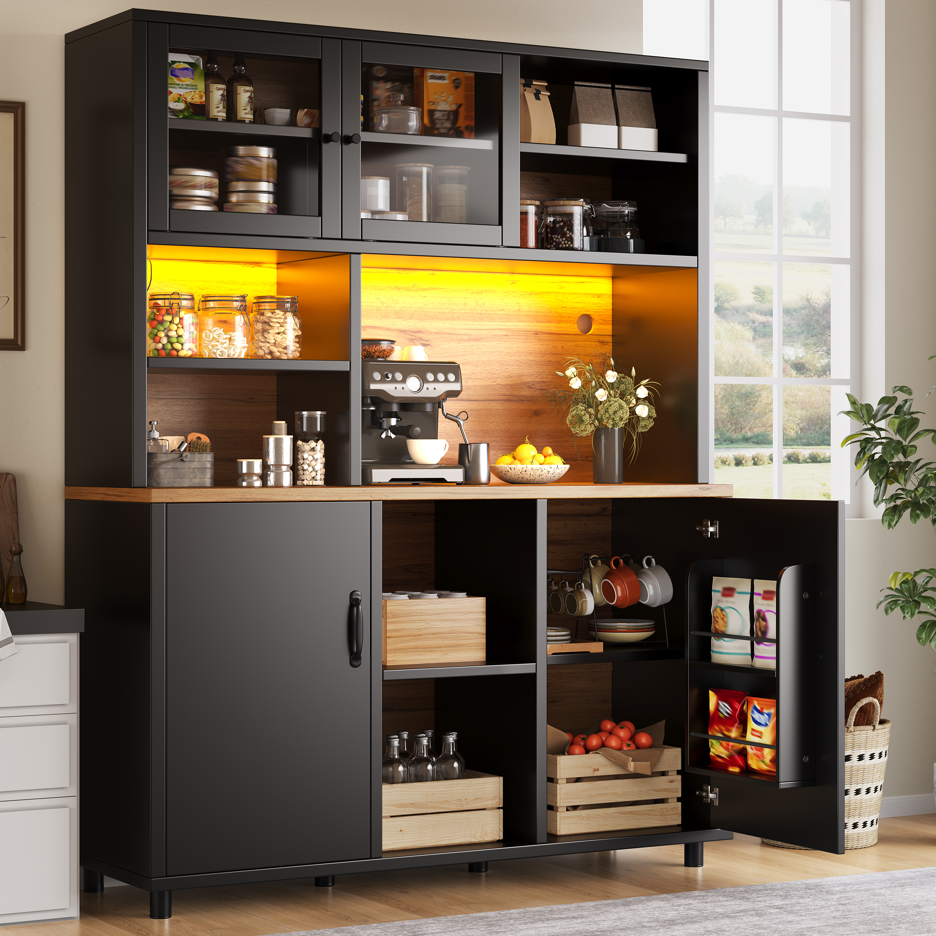 Meuble haut avec éclairage LED, contrôle par application, meuble de cuisine de 185 cm de haut avec portes coulissantes et étagères réglables, noir avec grain de bois, pour cuisine et salle à manger