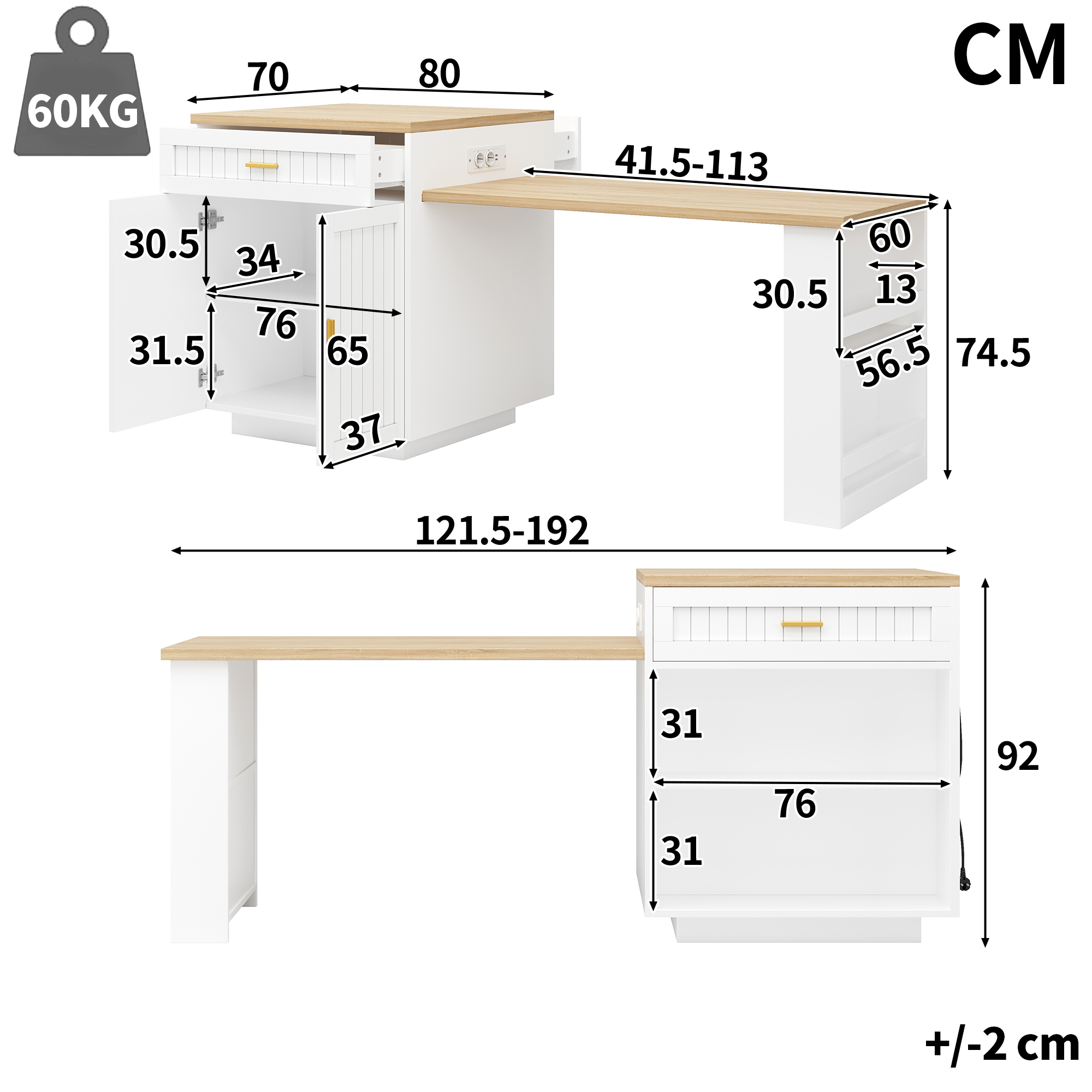 Îlot de cuisine extensible avec prise intégrée 121, 5–192 cm, portes verticales nervurées, 1 tiroir et étagères, blanc, îlot de cuisine, meuble de rangement, cuisine et salle à manger