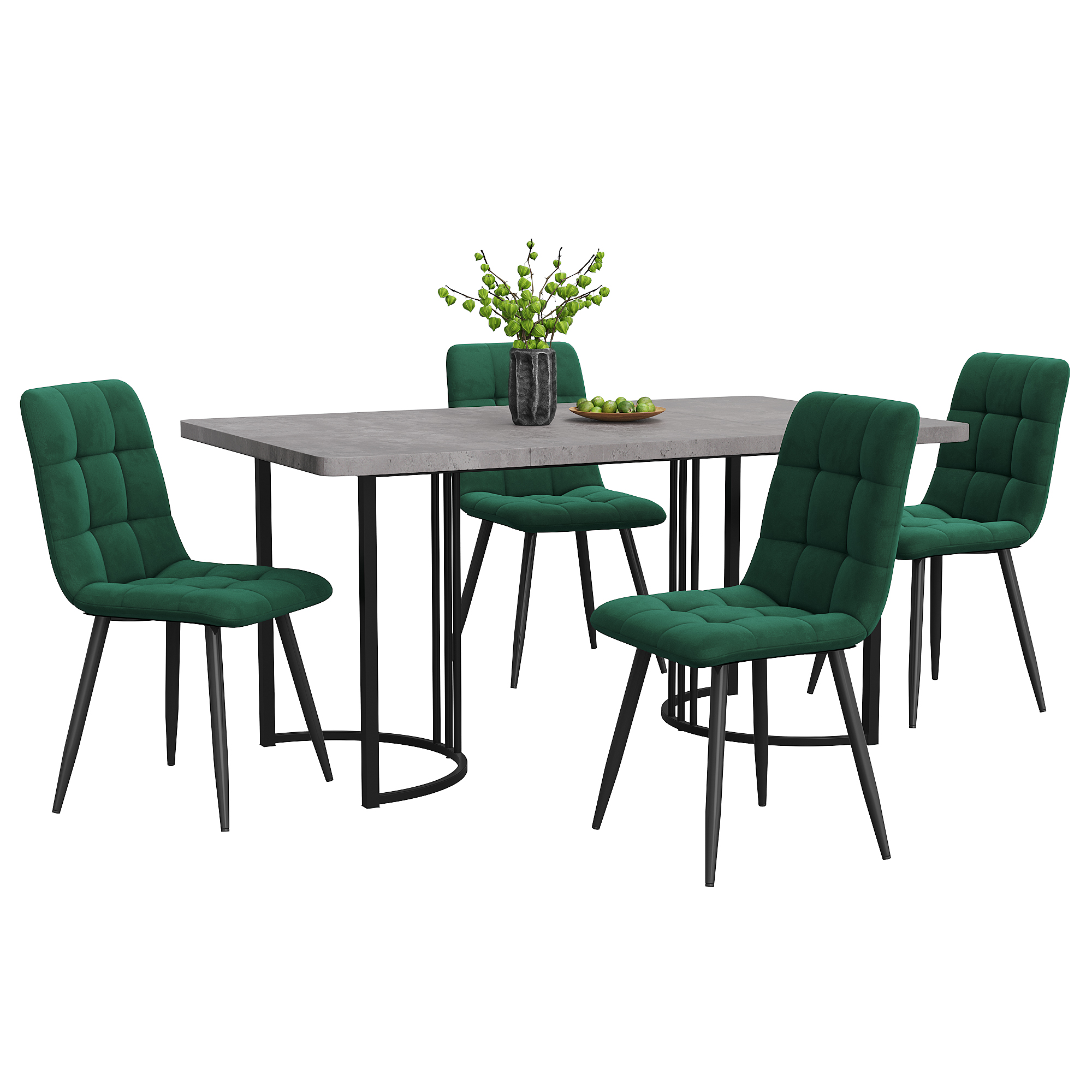 Ensemble table et chaises, 5 pièces, 1 table + 4 chaises, métal et velours, vert foncé - vue 3