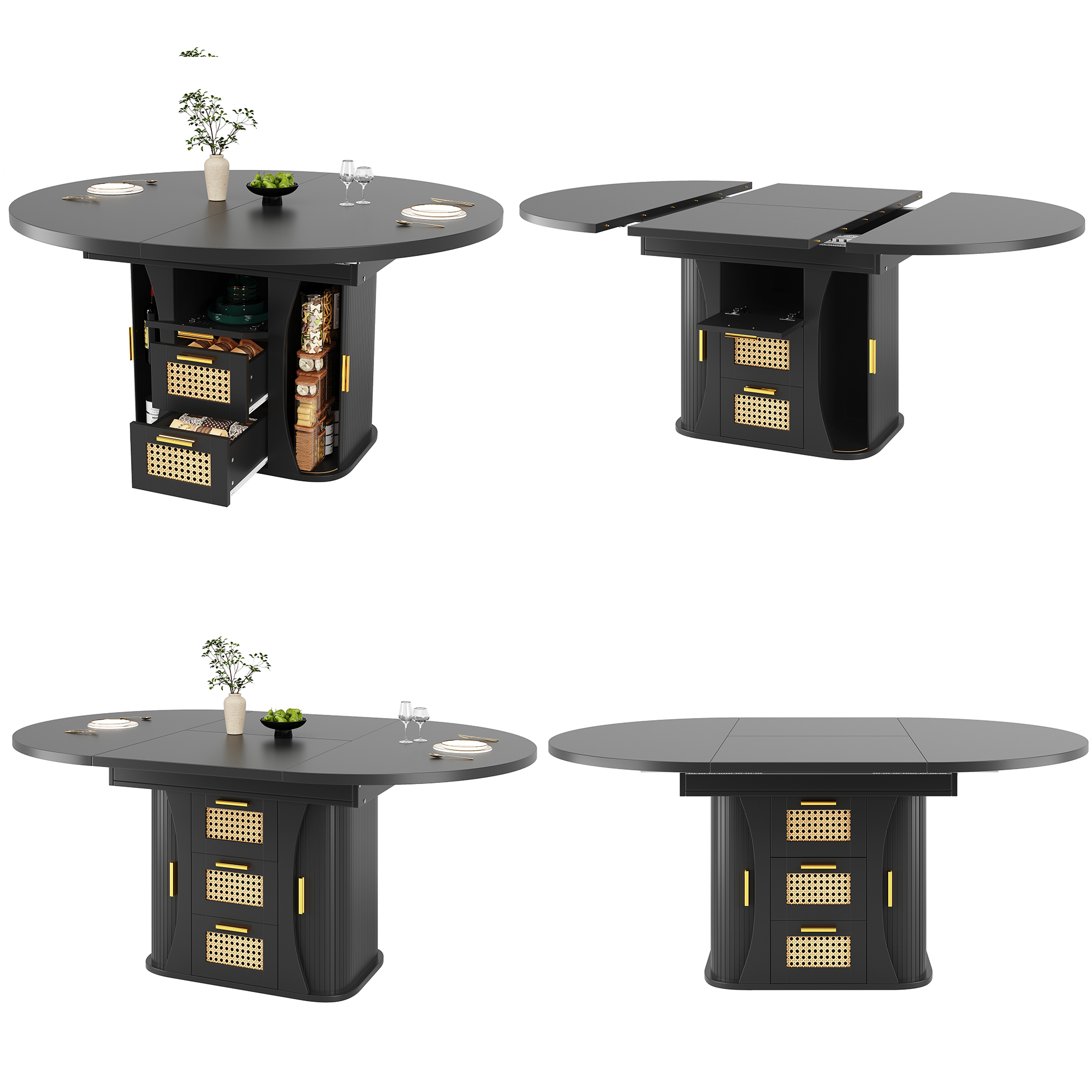 Table à manger extensible avec rangement, table 118-158 cm avec tiroirs en rotin, aspect bois MDF, noir/bois naturel/marron, table à manger extensible, table de salle à manger, mobilier de cuisine
