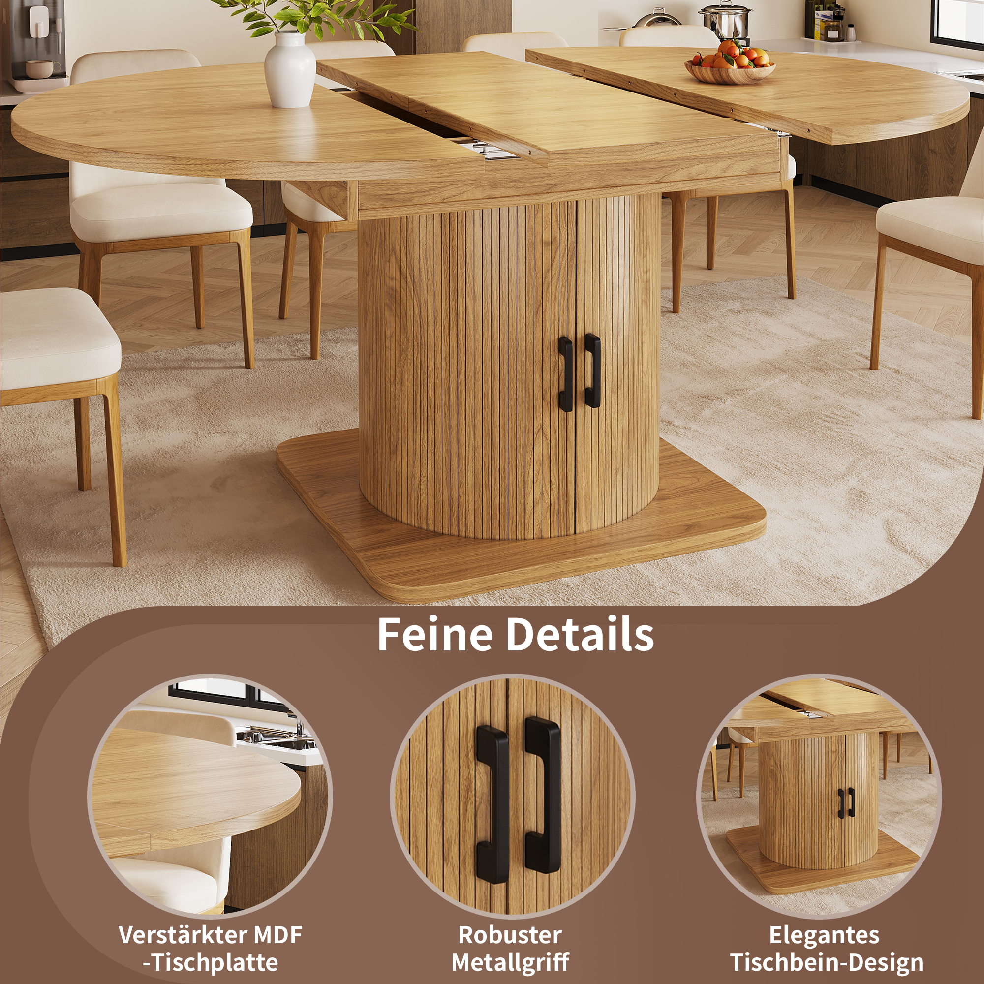 Table à manger extensible avec espace de rangement, table multifonctionnelle avec étagères amovibles, table de cuisine peu encombrante pour petites pièces et salles à manger, plateau en MDF, marron