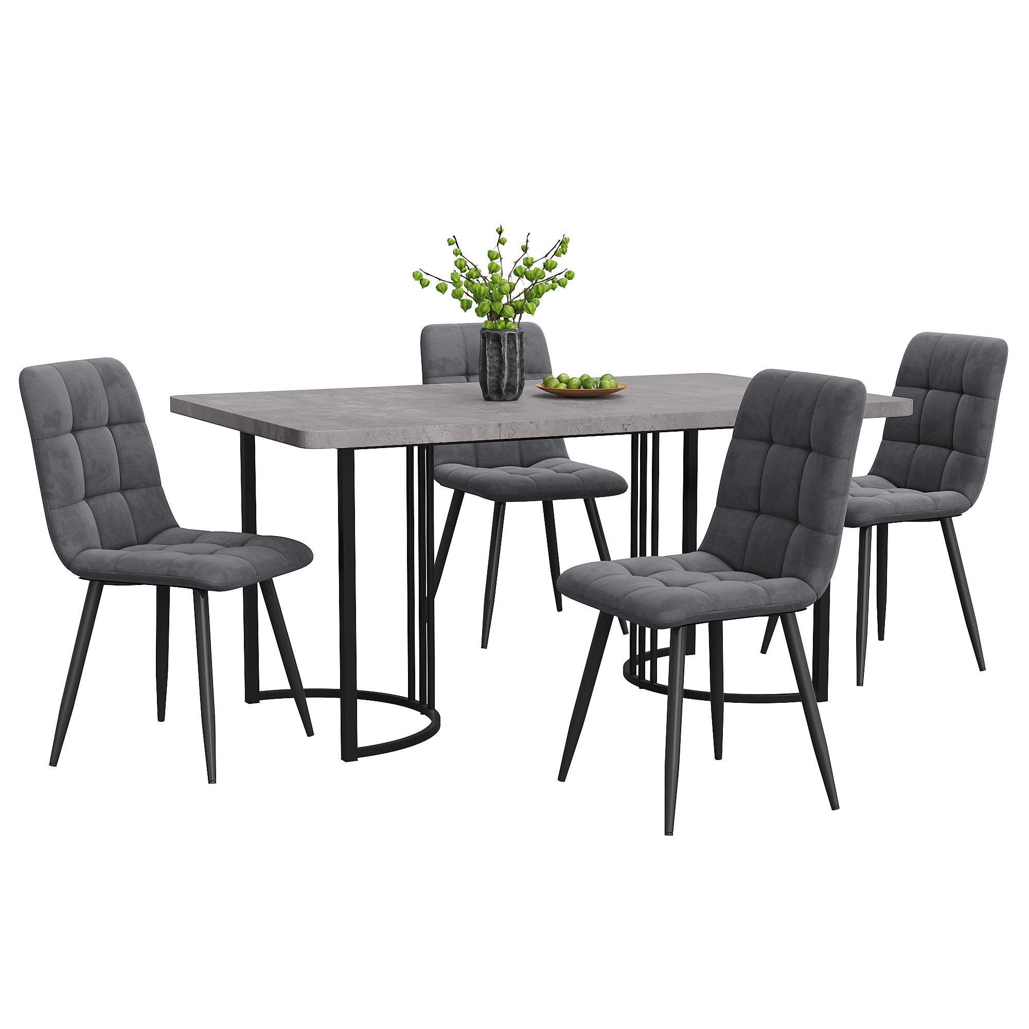 Ensemble table et chaises, 5 pièces, 1 table + 4 chaises, métal et velours, gris foncé - vue 4
