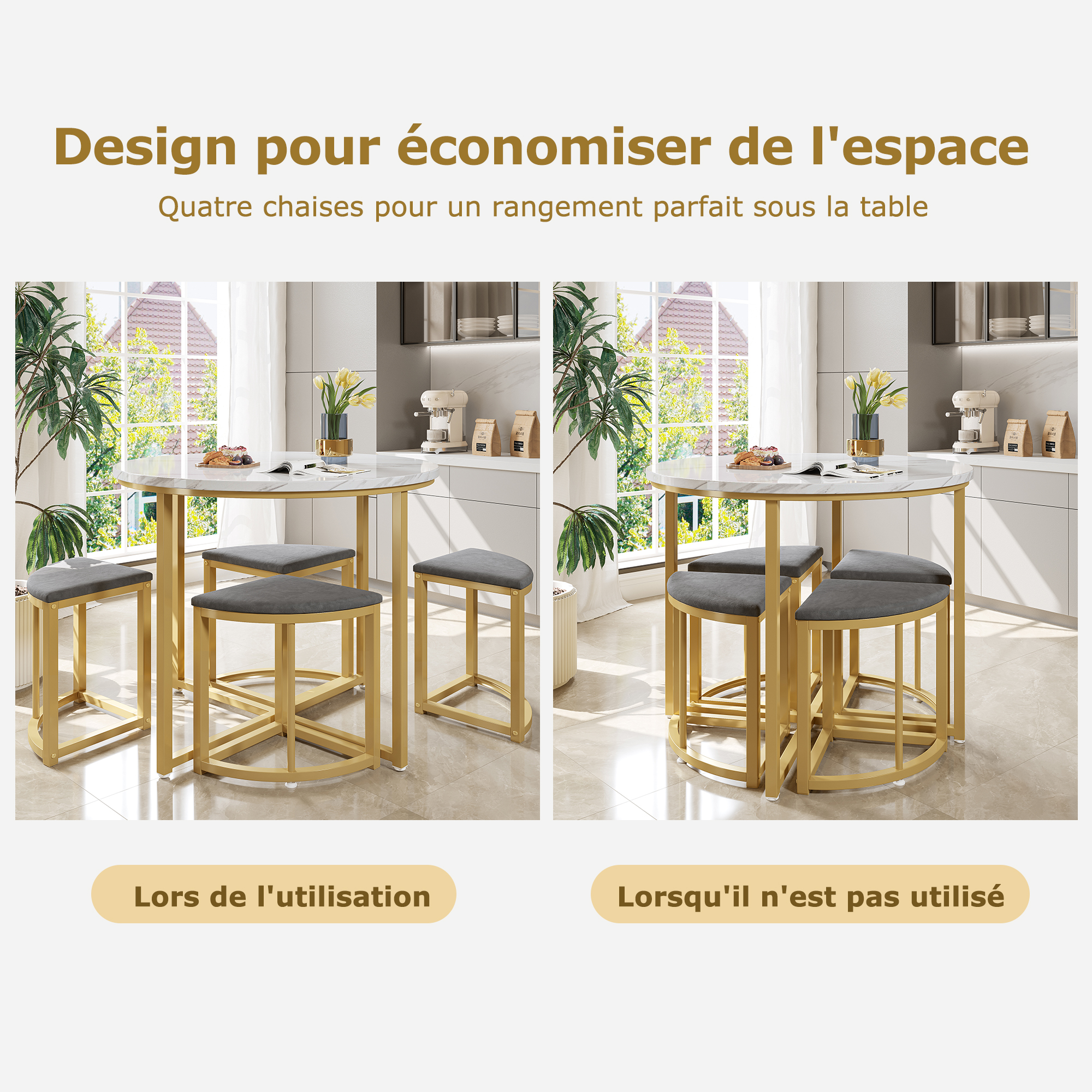 Ensemble table et chaises, 5 pièces, 1 table + 4 chaises, 80 x 80 x 75 cm, métal et velours, blanc - vue 7