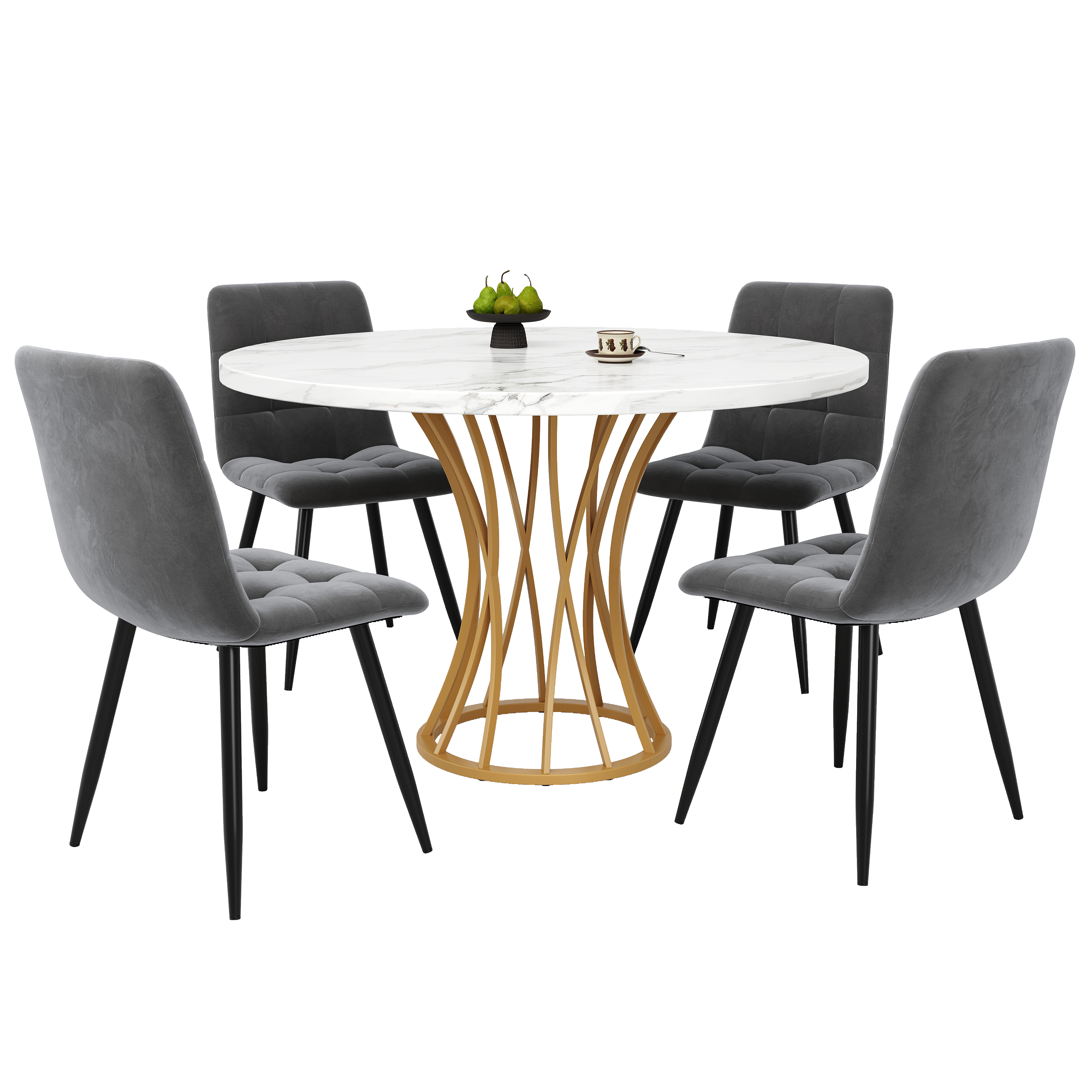 Ensemble table et chaises, 5 pièces, 1 table + 4 chaises, métal et velours, blanc - vue 2