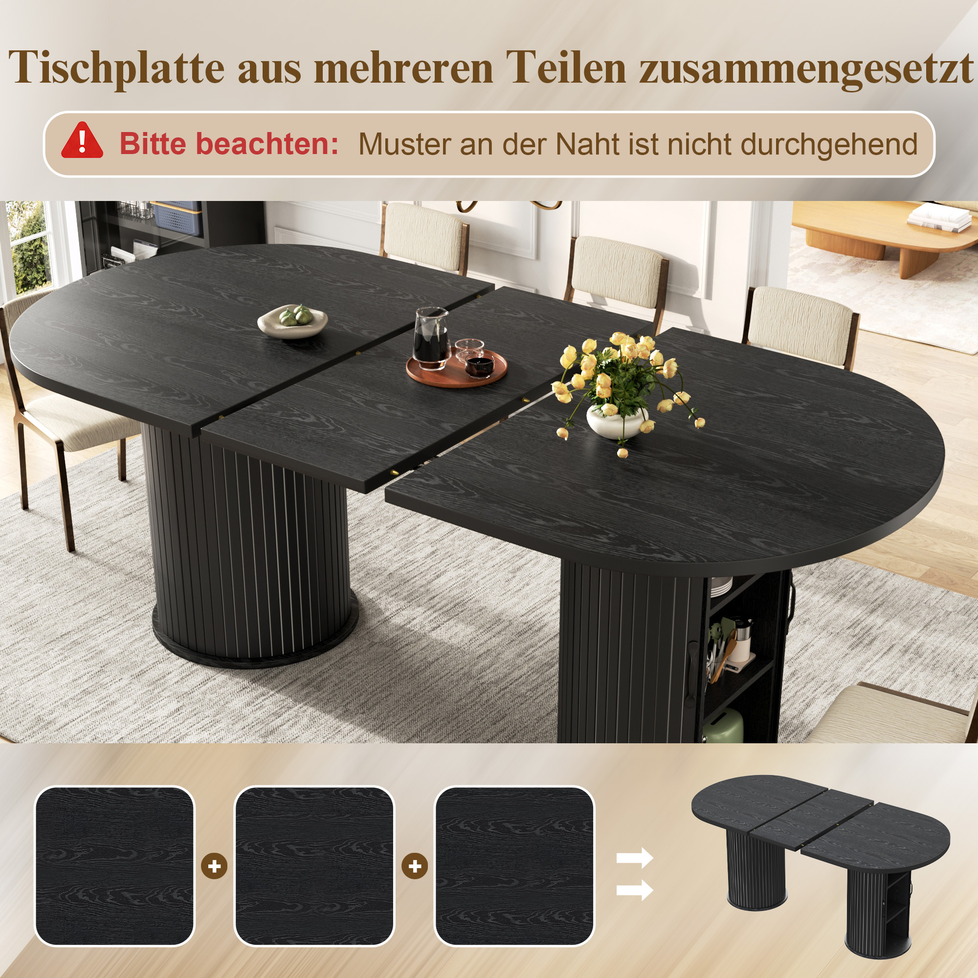 Table à manger extensible, table de cuisine polyvalente avec poignées en métal, gain de place pour les petites pièces, table multifonctionnelle, compartiment de rangement dissimulé, noir, 150-190 cm