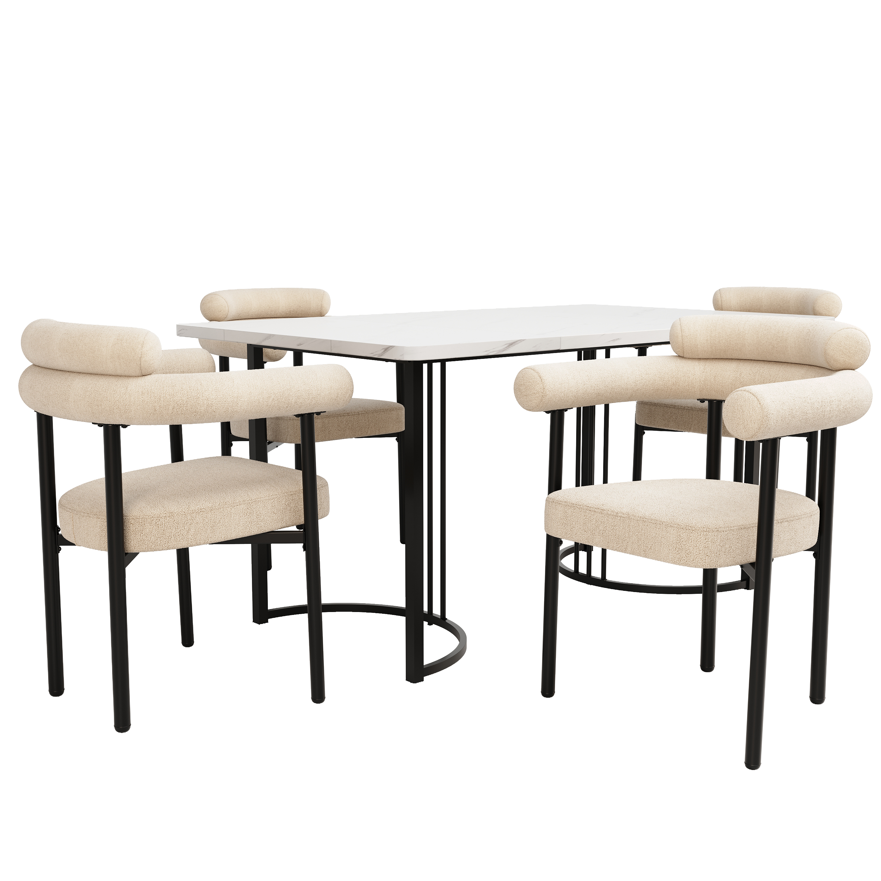 Ensemble table et chaises, 5 pièces, 1 table + 4 chaises, métal et tissu, blanc - vue 4