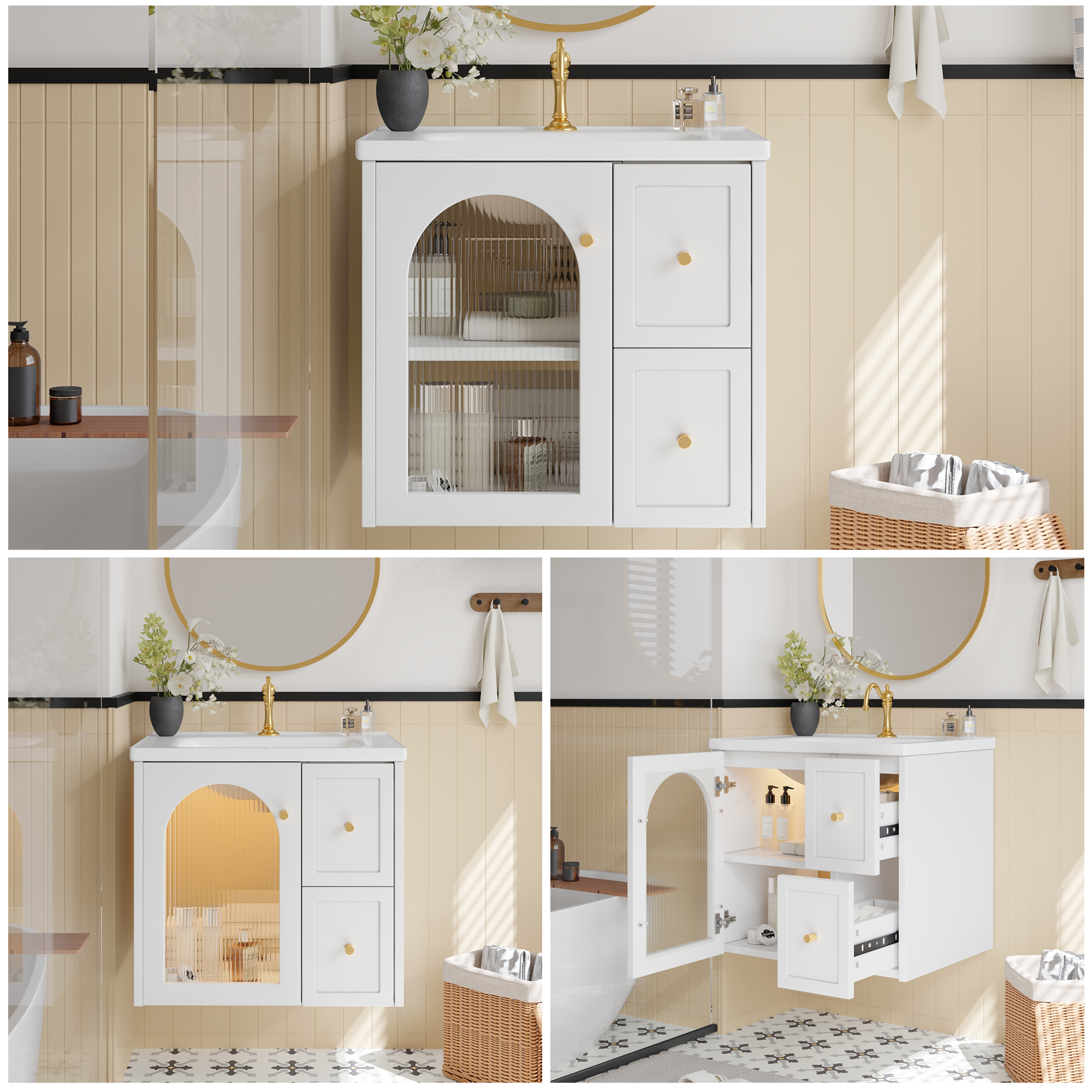 Wandmontierter Badschrank mit Keramikbecken, LED-B