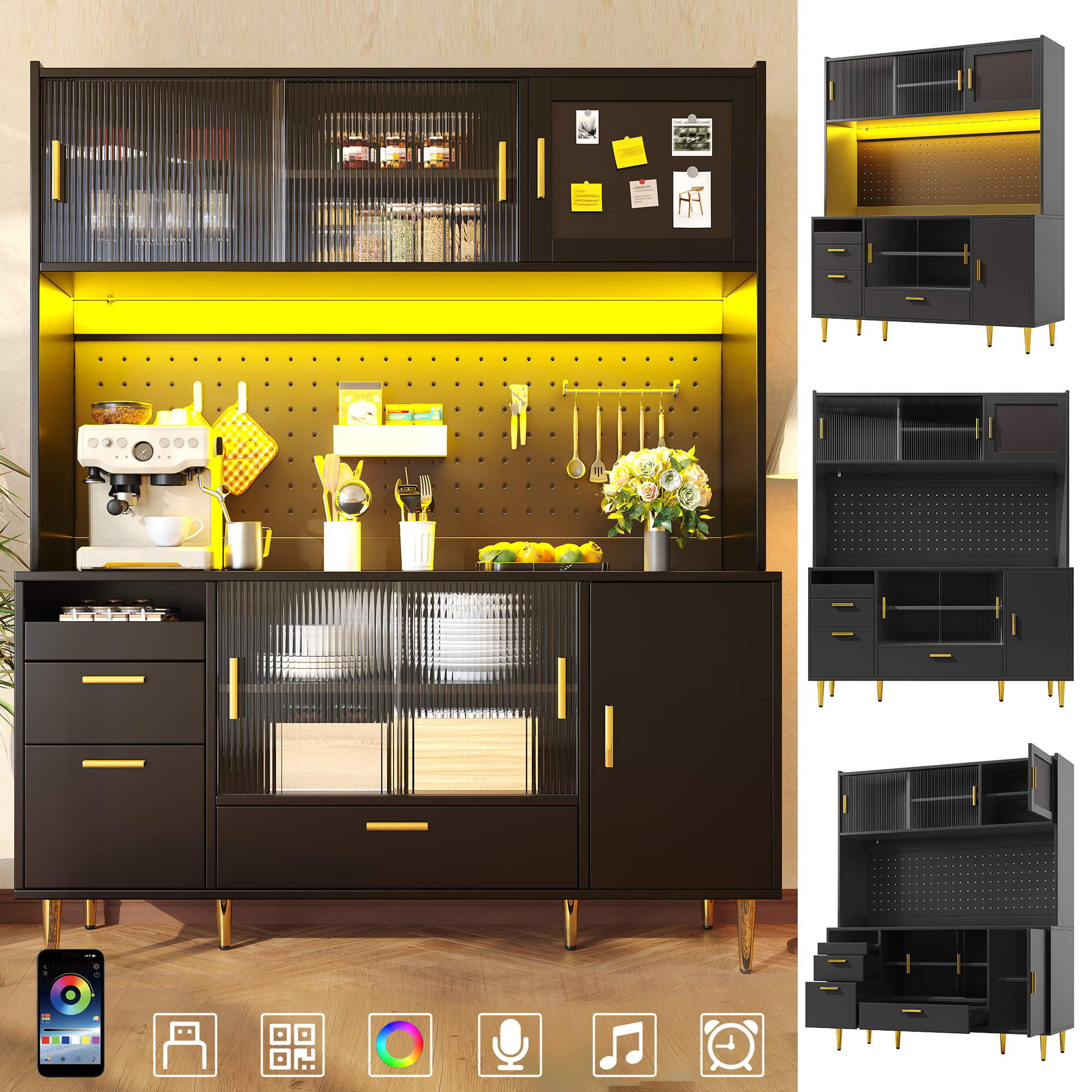 Buffet noir brillant avec éclairage LED et paroi perforée, meuble de cuisine de 180 cm de haut avec portes coulissantes en verre et porte magnétique, peut supporter jusqu'à 60 kg, buffet de cuisine