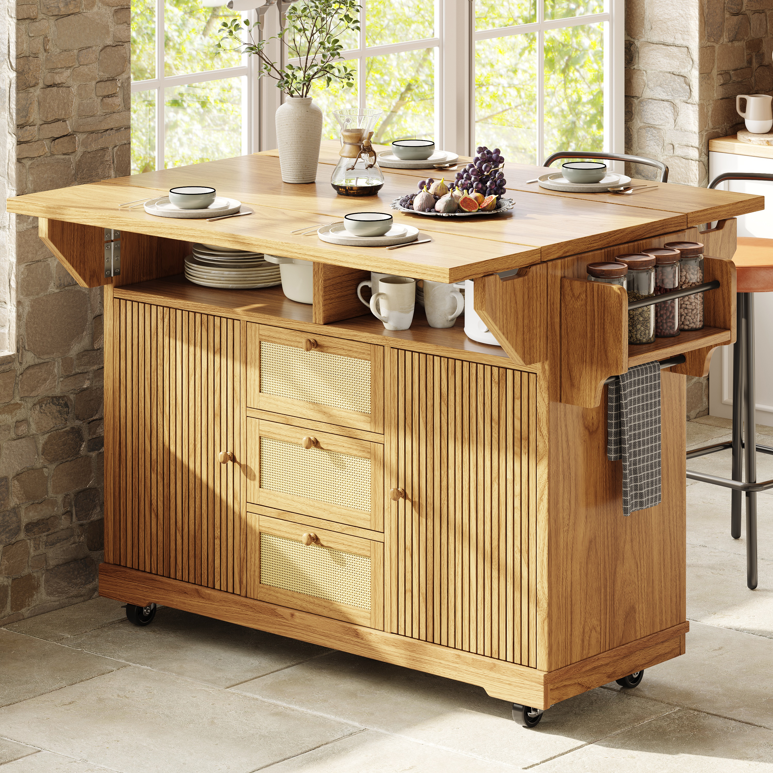 Chariot de service dépliant, chariot de cuisine 95 cm à hauteur ergonomique, tiroirs en rotin PE, chariot mobile pour cuisine, balcon et camping, marron naturel, desserte de cuisine