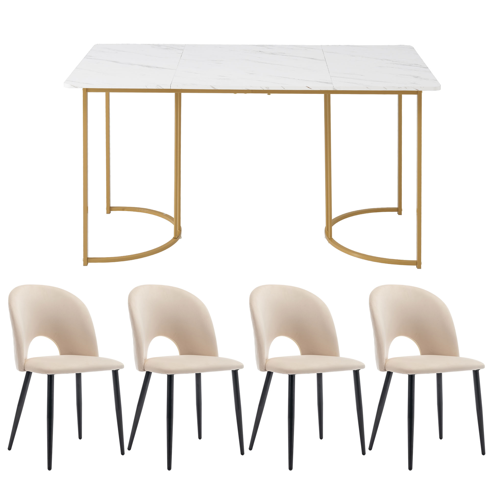 Ensemble table et chaises, 5 pièces, 1 table + 4 chaises, velours et MDF, blanc - vue 5