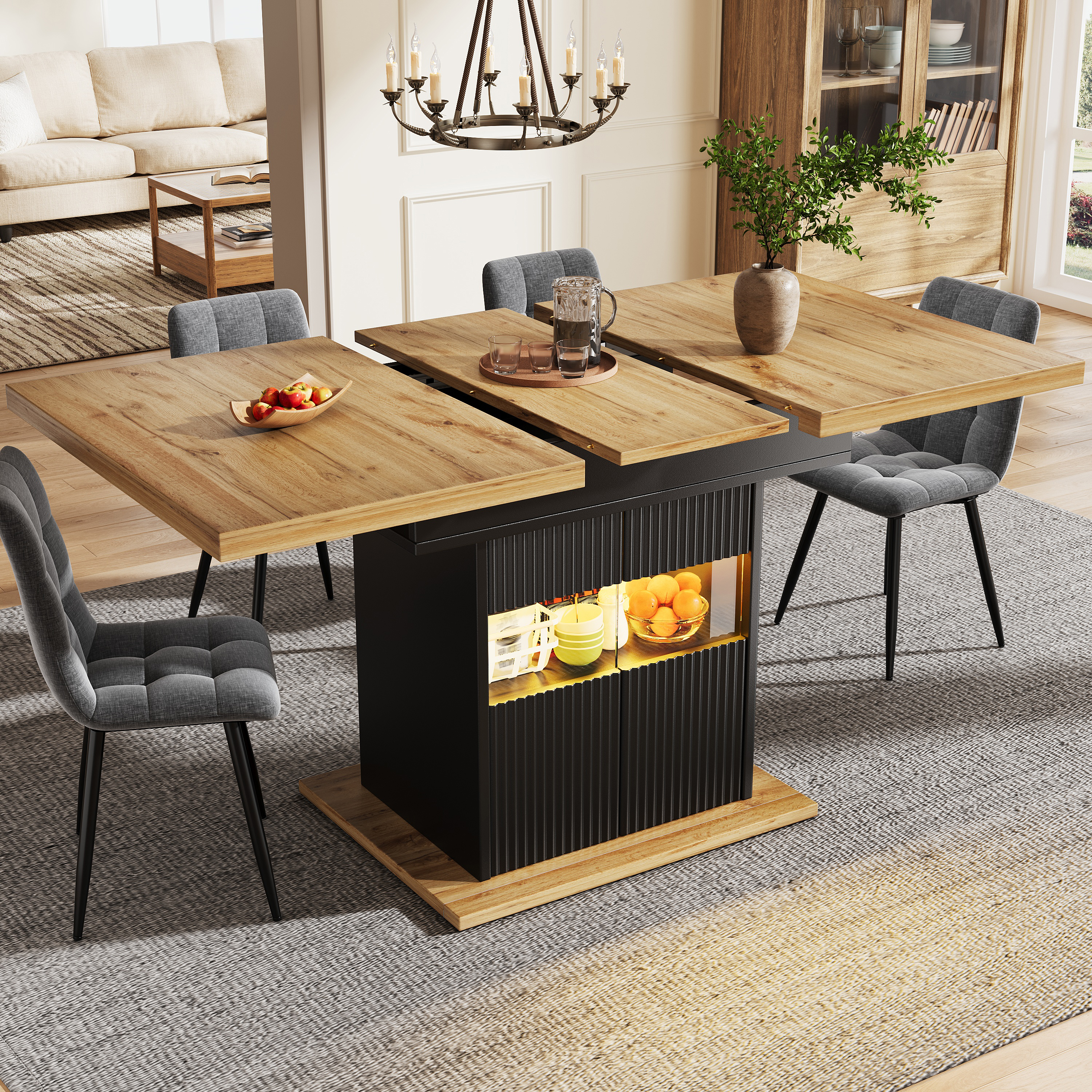 Table à manger extensible avec espace de rangement et éclairage LED, 110-140 cm, avec étagère réglable, charge jusqu'à 60 kg, bois noir, table à manger extensible, table de salle à manger