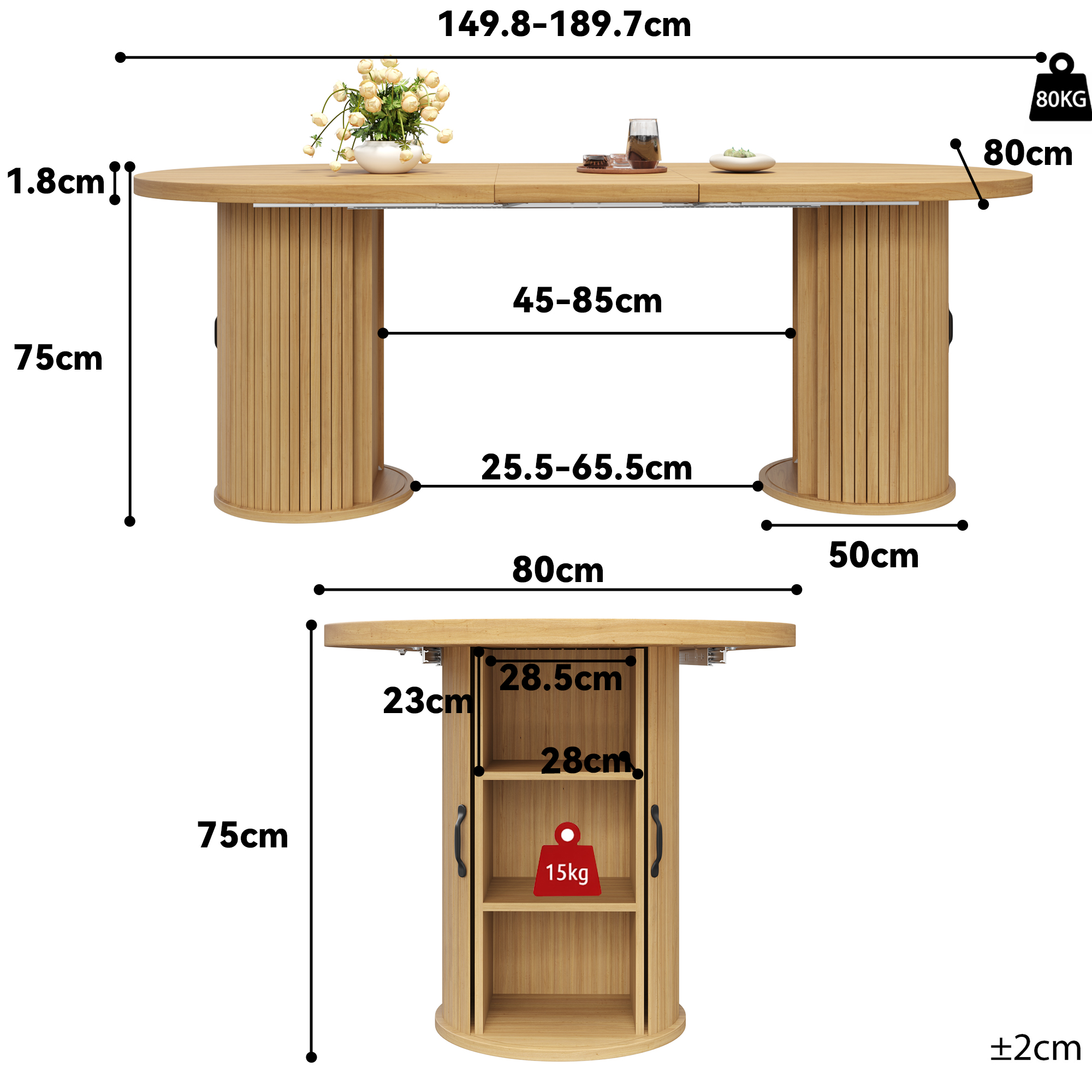 Table à manger extensible, table de cuisine polyvalente avec poignées en métal, gain de place pour les petites pièces, table multifonctionnelle, compartiment de rangement dissimulé, marron naturel