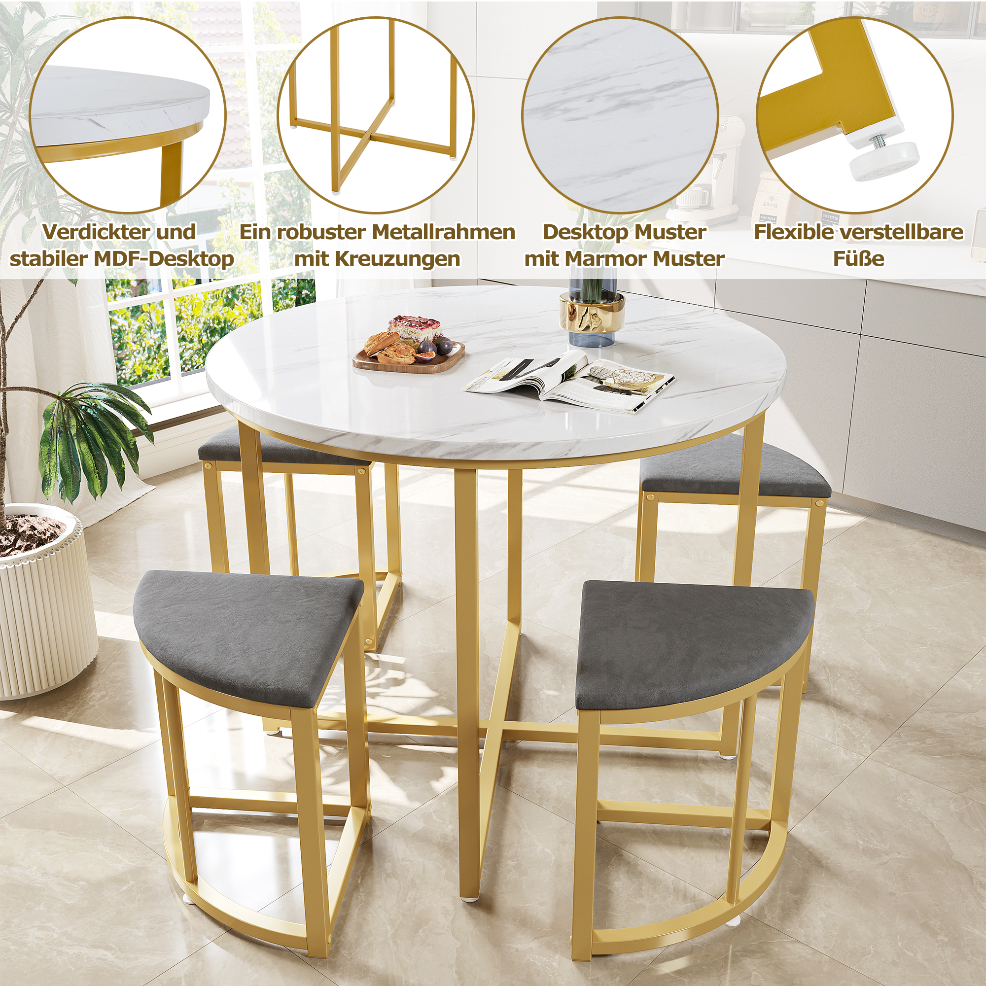 Ensemble table et chaises, 5 pièces, 1 table + 4 chaises, 80 x 80 x 75 cm, métal et velours, blanc - vue 5