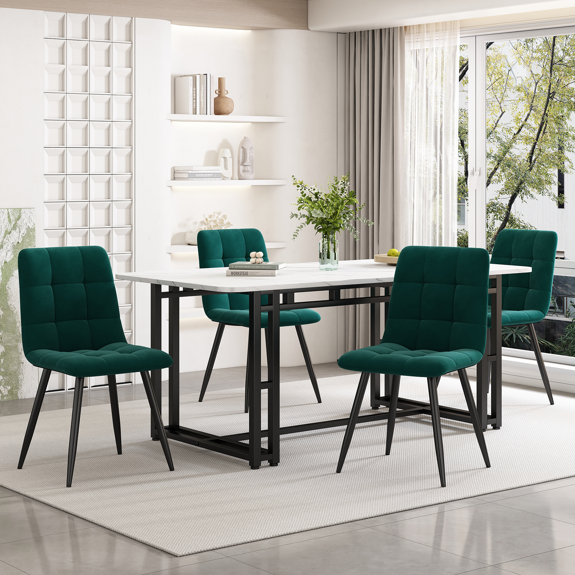 Ensemble table et chaises, 5 pièces, 1 table + 4 chaises, velours et métal, vert foncé - vue 1