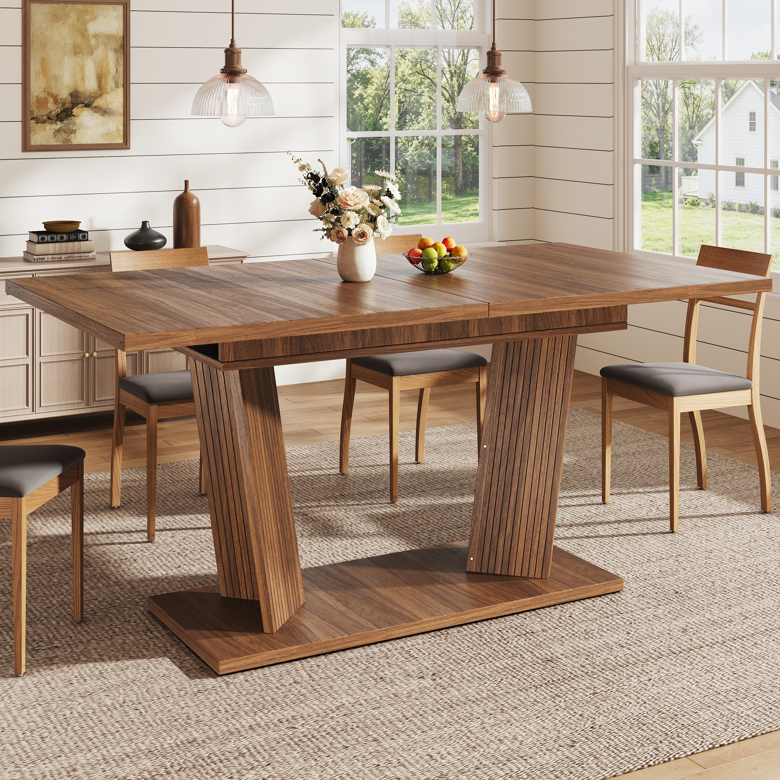 Table à manger extensible 120–160 × 80 × 76 cm avec double piètement rainuré - vue 2